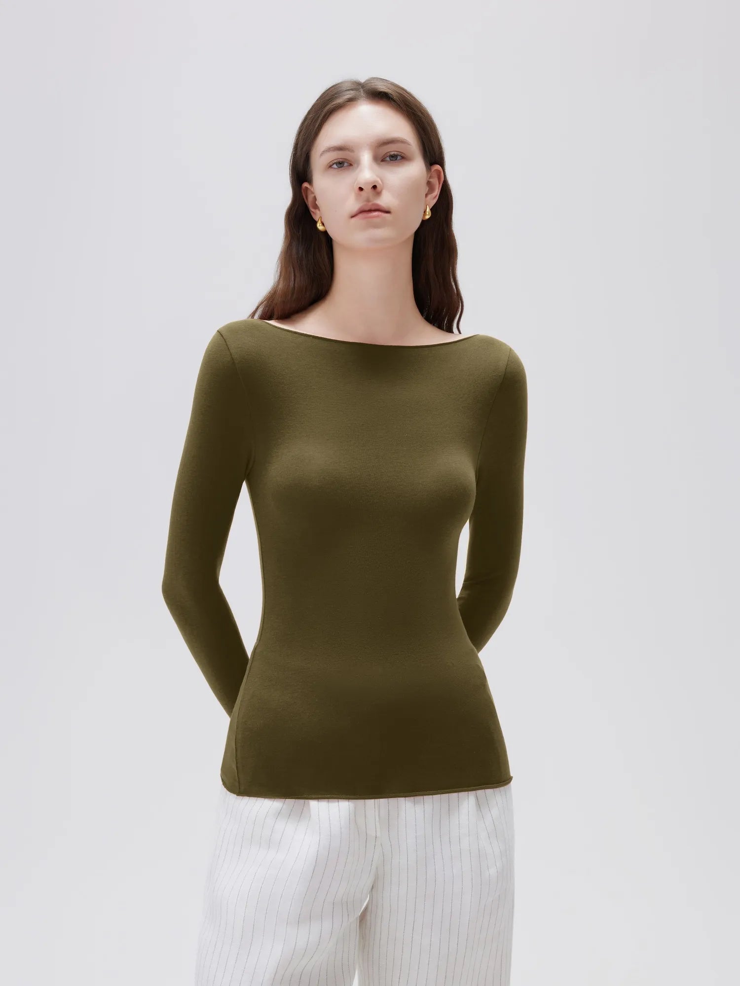 SUUKSESS Cloud Cashmere Women Boat Neck Fitted Long Sleeve Shirt Basic Knit Tops-SUUKSESS-SUUKSESS