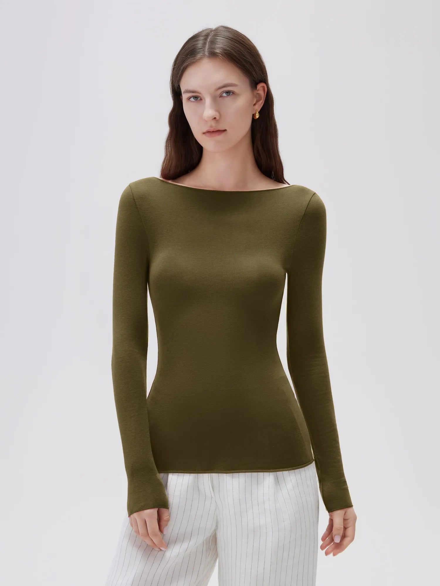 SUUKSESS Cloud Cashmere Women Boat Neck Fitted Long Sleeve Shirt Basic Knit Tops-SUUKSESS-SUUKSESS