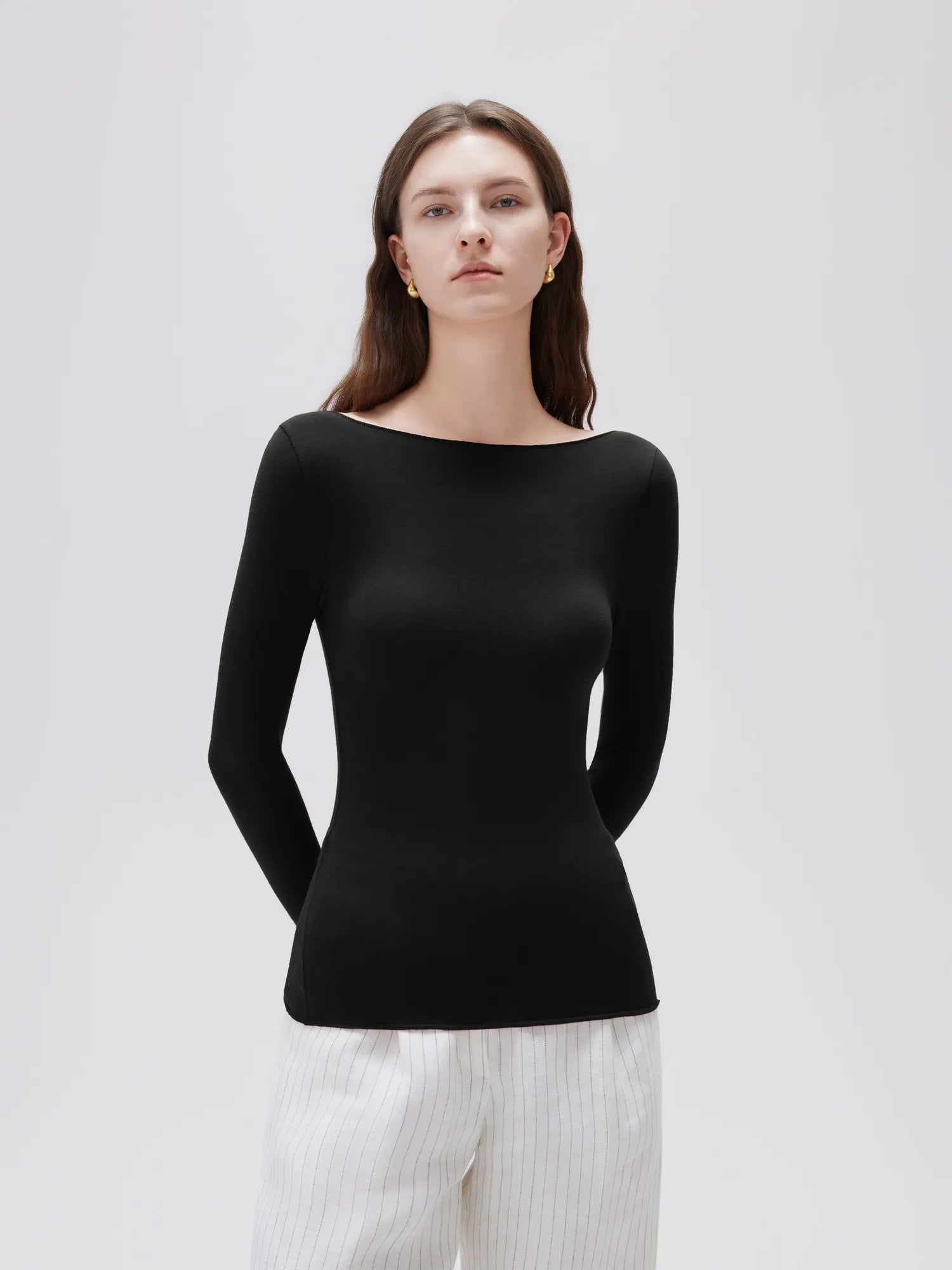 SUUKSESS Cloud Cashmere Women Boat Neck Fitted Long Sleeve Shirt Basic Knit Tops-SUUKSESS-SUUKSESS