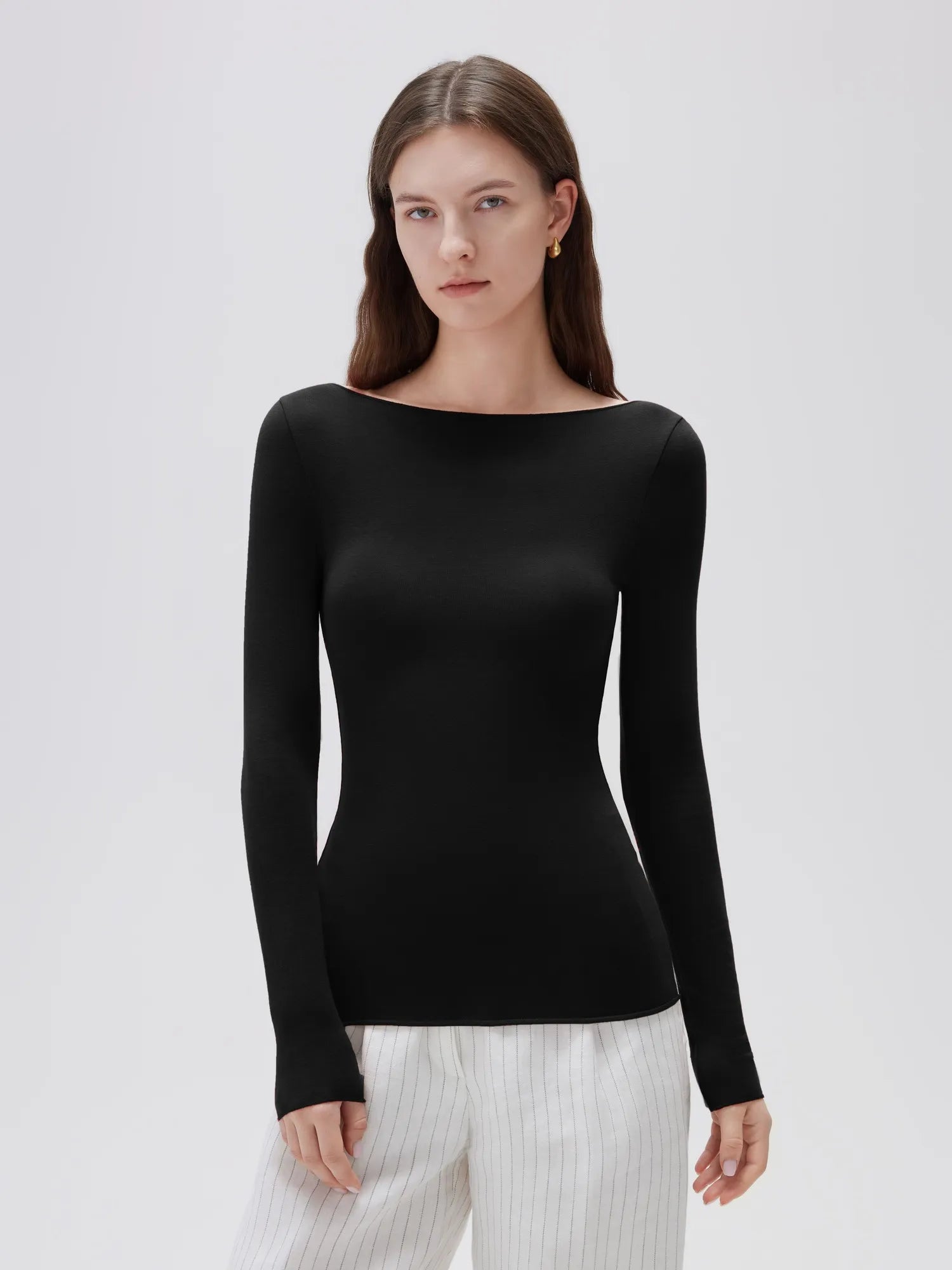 SUUKSESS Cloud Cashmere Women Boat Neck Fitted Long Sleeve Shirt Basic Knit Tops-SUUKSESS-SUUKSESS