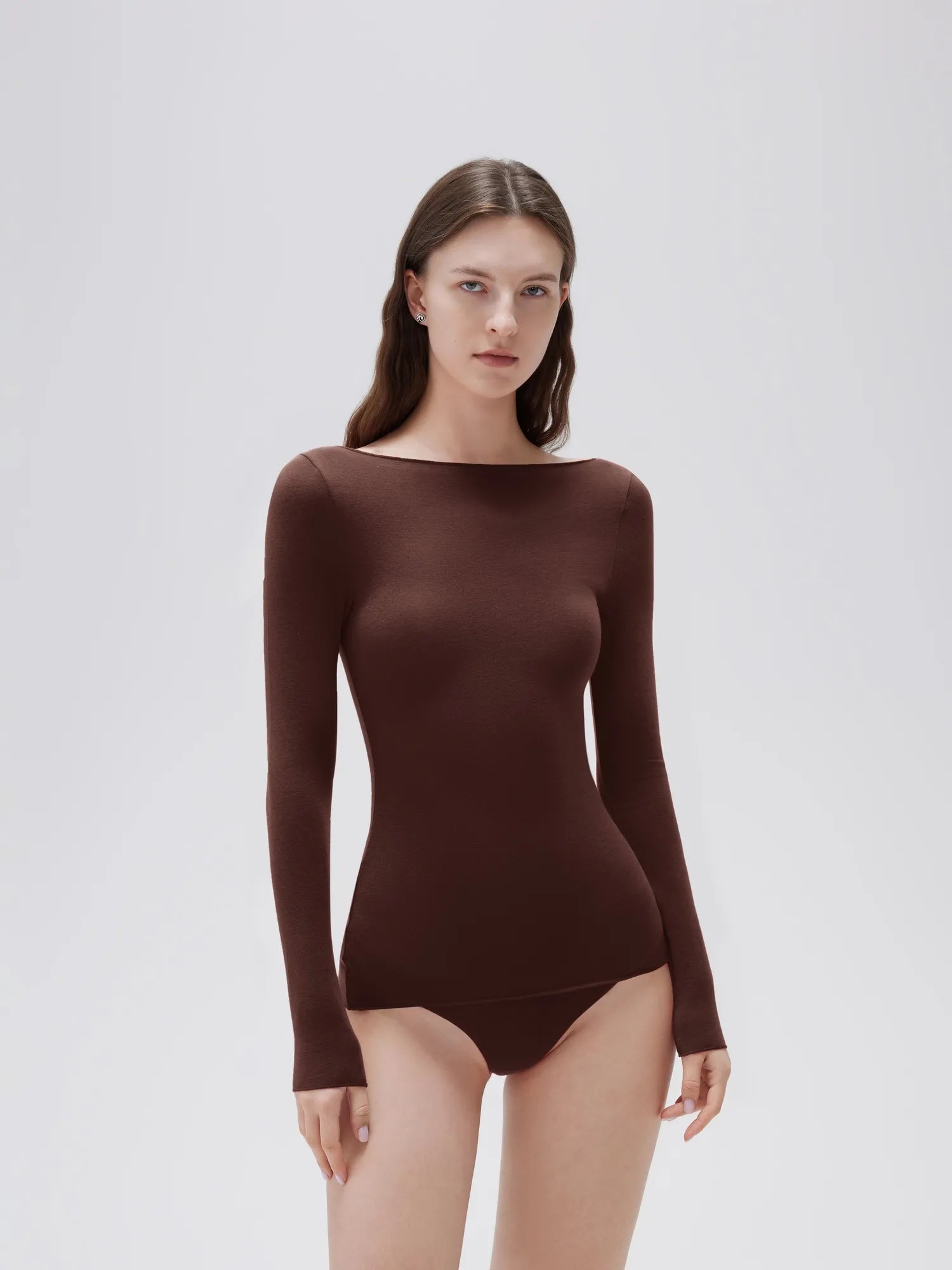 SUUKSESS Cloud Cashmere Women Boat Neck Fitted Long Sleeve Shirt Basic Knit Tops-SUUKSESS-Brown-XS-SUUKSESS