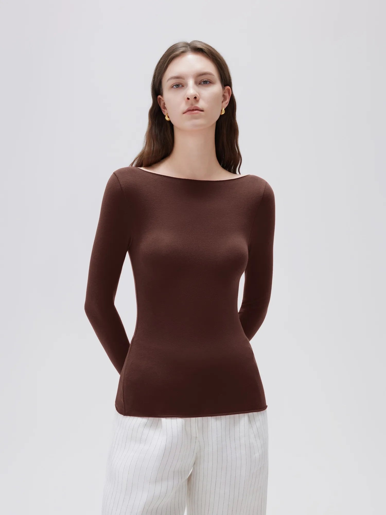 SUUKSESS Cloud Cashmere Women Boat Neck Fitted Long Sleeve Shirt Basic Knit Tops-SUUKSESS-SUUKSESS