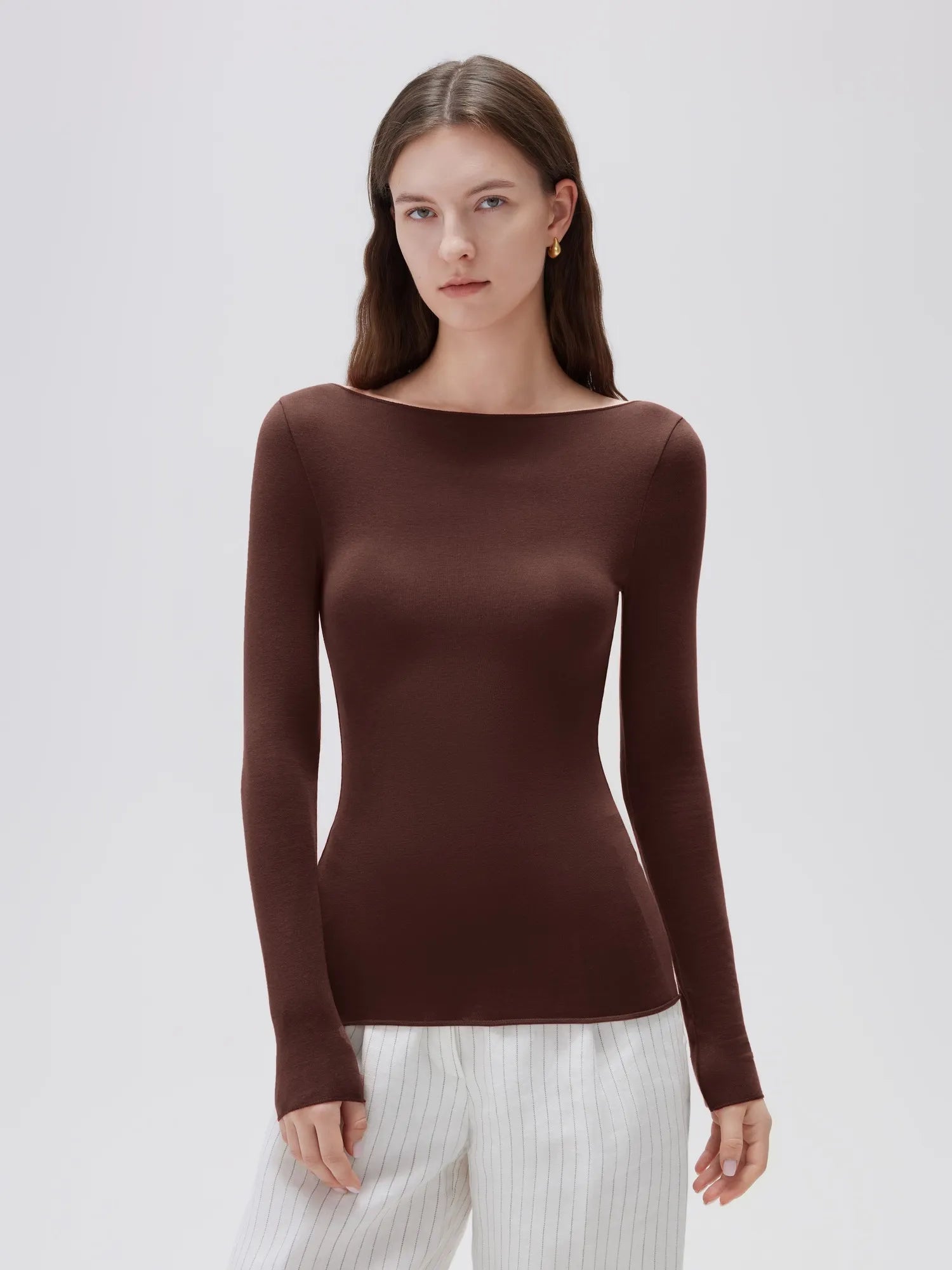 SUUKSESS Cloud Cashmere Women Boat Neck Fitted Long Sleeve Shirt Basic Knit Tops-SUUKSESS-SUUKSESS