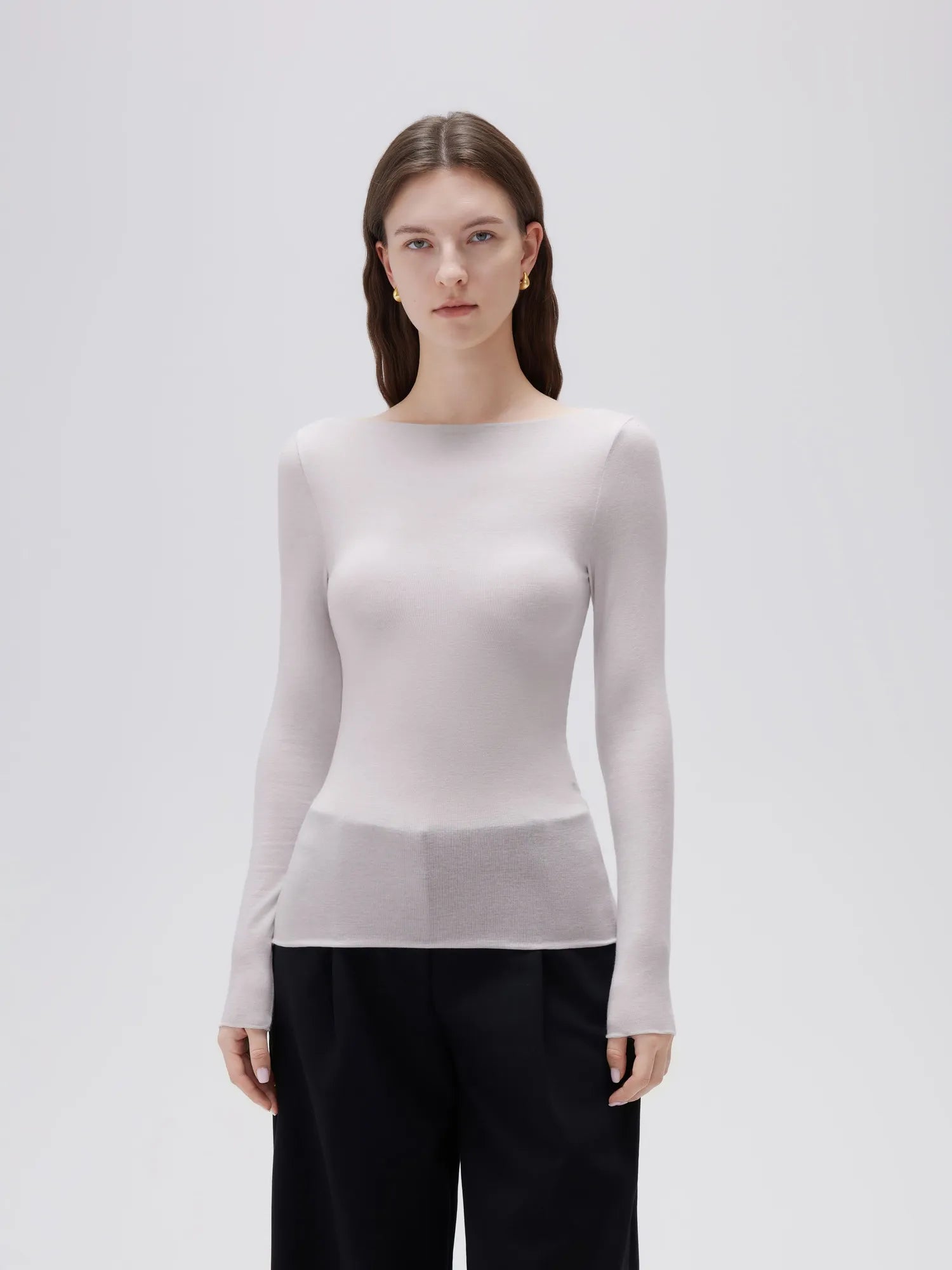 SUUKSESS Cloud Cashmere Women Boat Neck Fitted Long Sleeve Shirt Basic Knit Tops-SUUKSESS-Light Grey-XS-SUUKSESS