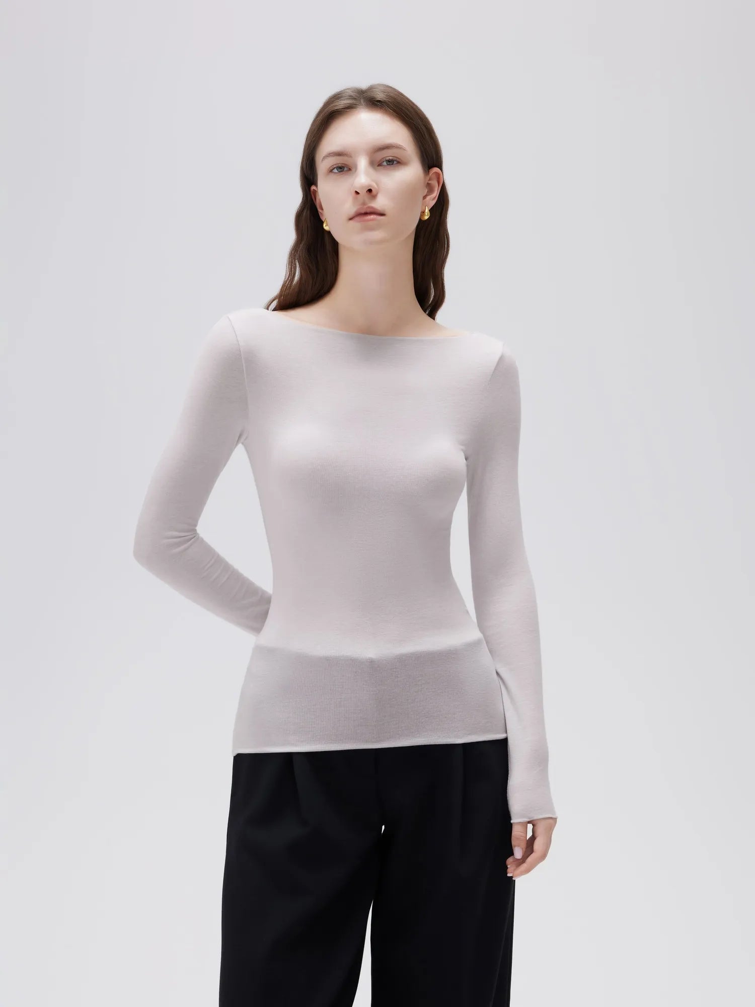 SUUKSESS Cloud Cashmere Women Boat Neck Fitted Long Sleeve Shirt Basic Knit Tops-SUUKSESS-SUUKSESS
