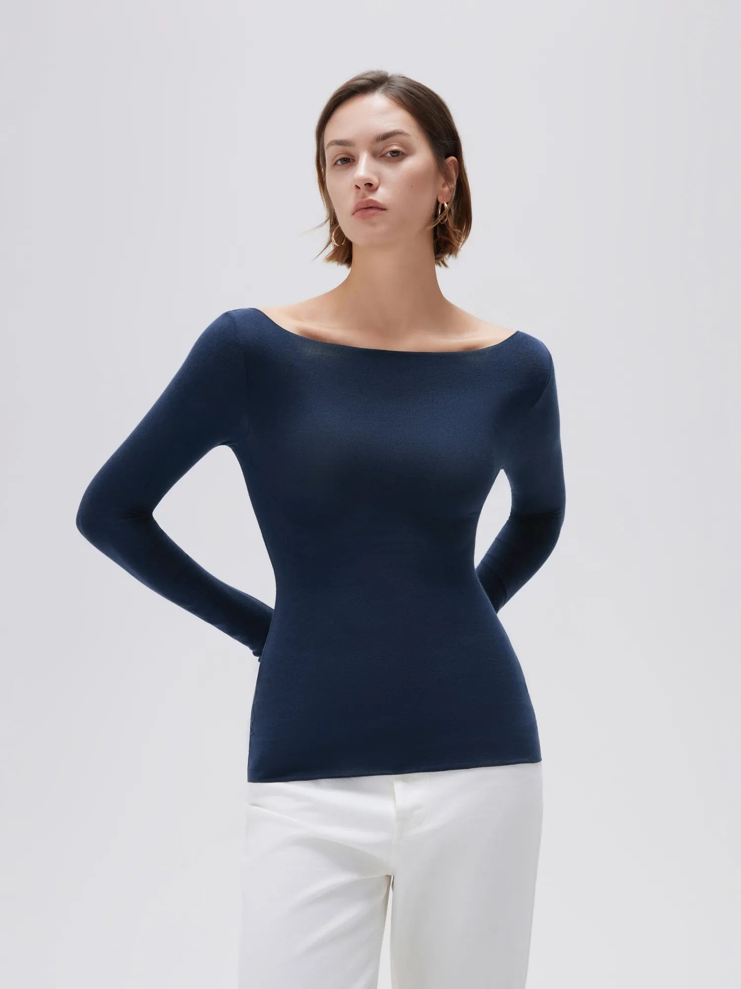 SUUKSESS Cloud Cashmere Women Boat Neck Fitted Long Sleeve Shirt Basic Knit Tops-SUUKSESS-Navy-XS-SUUKSESS