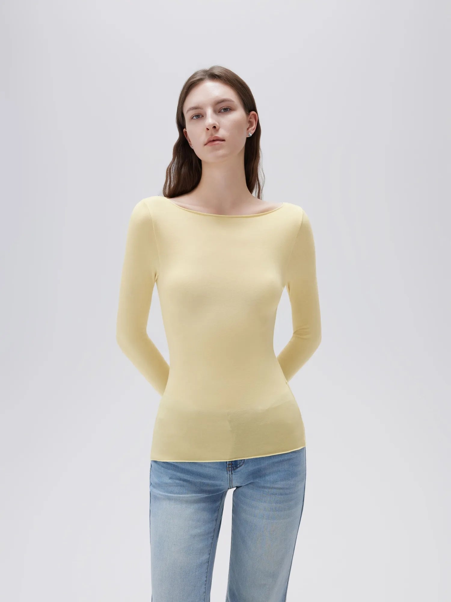 SUUKSESS Cloud Cashmere Women Boat Neck Fitted Long Sleeve Shirt Basic Knit Tops-SUUKSESS-SUUKSESS