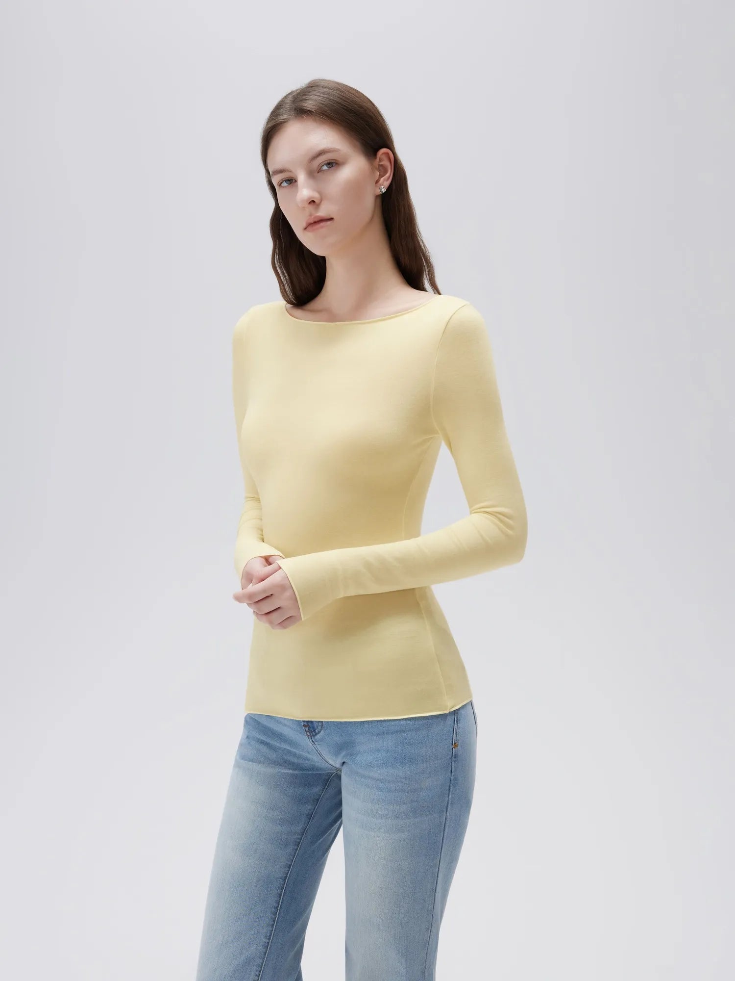 SUUKSESS Cloud Cashmere Women Boat Neck Fitted Long Sleeve Shirt Basic Knit Tops-SUUKSESS-SUUKSESS