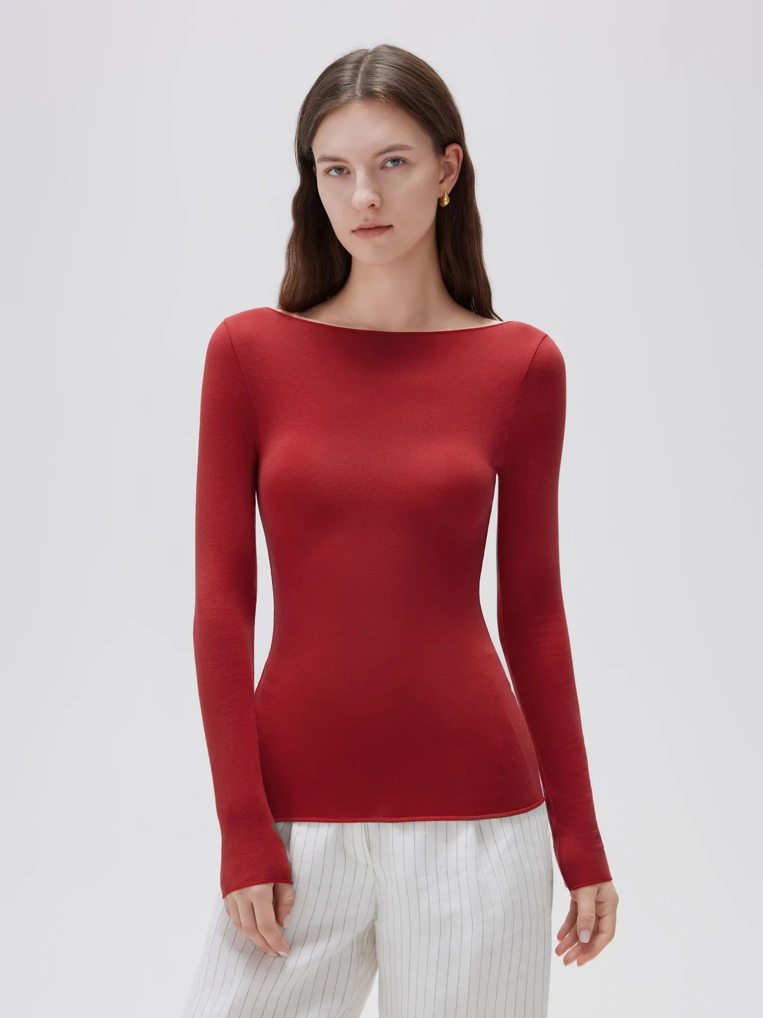 SUUKSESS Cloud Cashmere Women Boat Neck Fitted Long Sleeve Shirt Basic Knit Tops-SUUKSESS-Red-XS-SUUKSESS