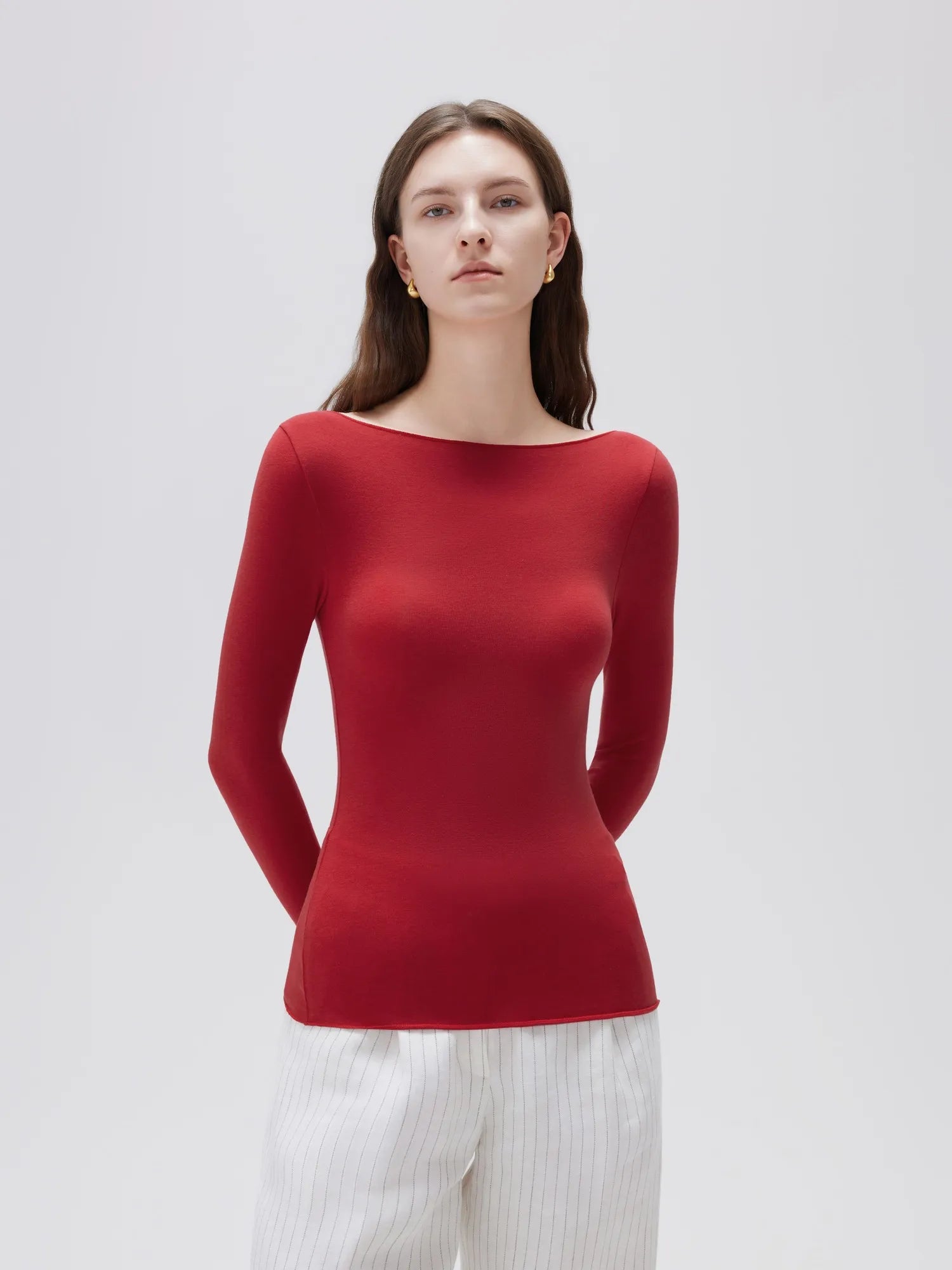 SUUKSESS Cloud Cashmere Women Boat Neck Fitted Long Sleeve Shirt Basic Knit Tops-SUUKSESS-SUUKSESS