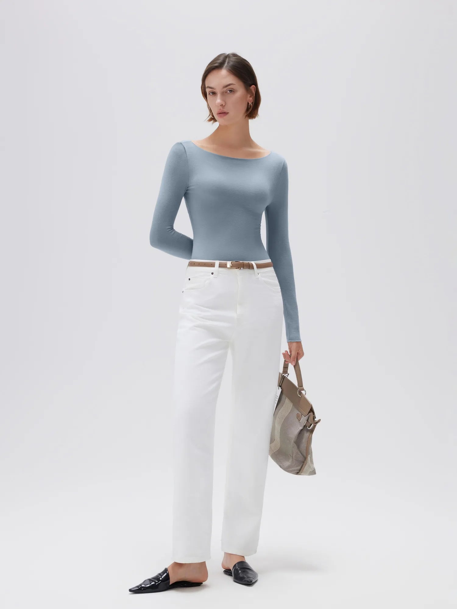 SUUKSESS Cloud Cashmere Women Boat Neck Fitted Long Sleeve Shirt Basic Knit Tops-SUUKSESS-Steelblue-XS-SUUKSESS