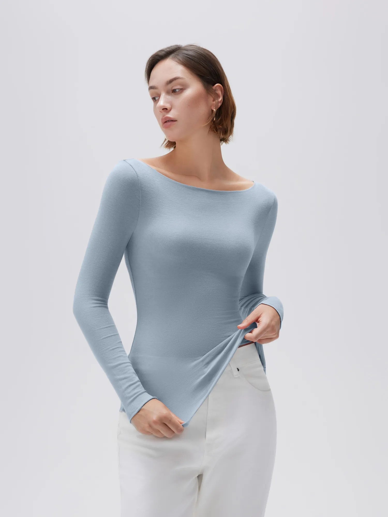 SUUKSESS Cloud Cashmere Women Boat Neck Fitted Long Sleeve Shirt Basic Knit Tops-SUUKSESS-SUUKSESS