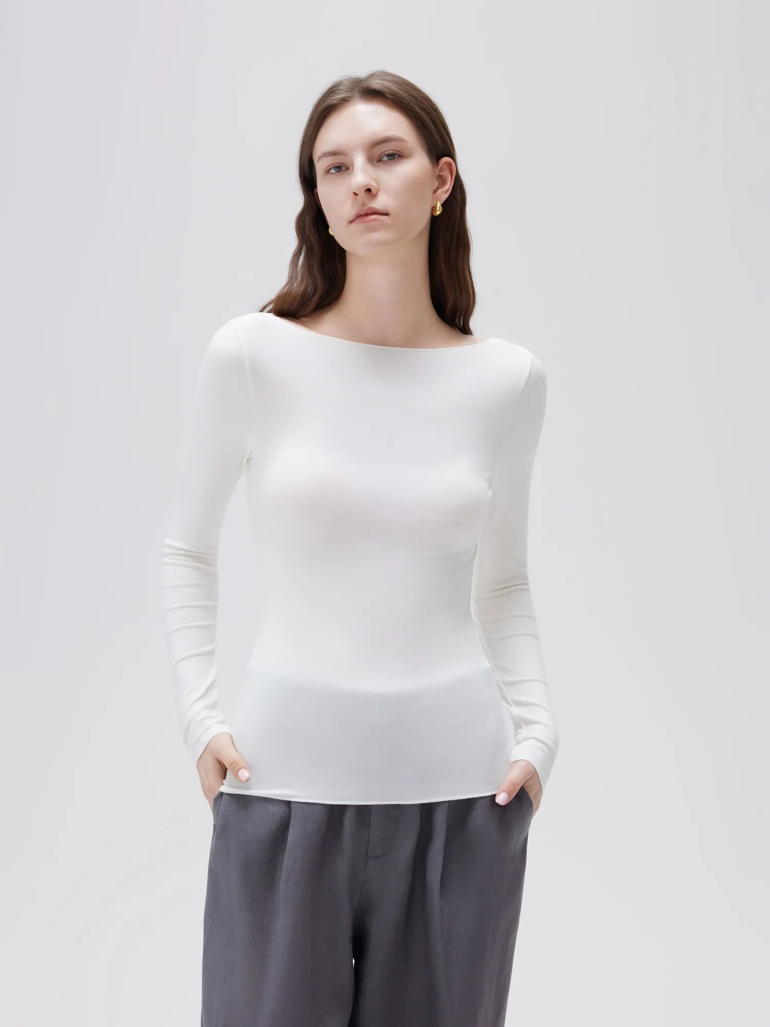 SUUKSESS Cloud Cashmere Women Boat Neck Fitted Long Sleeve Shirt Basic Knit Tops-SUUKSESS-White-XS-SUUKSESS