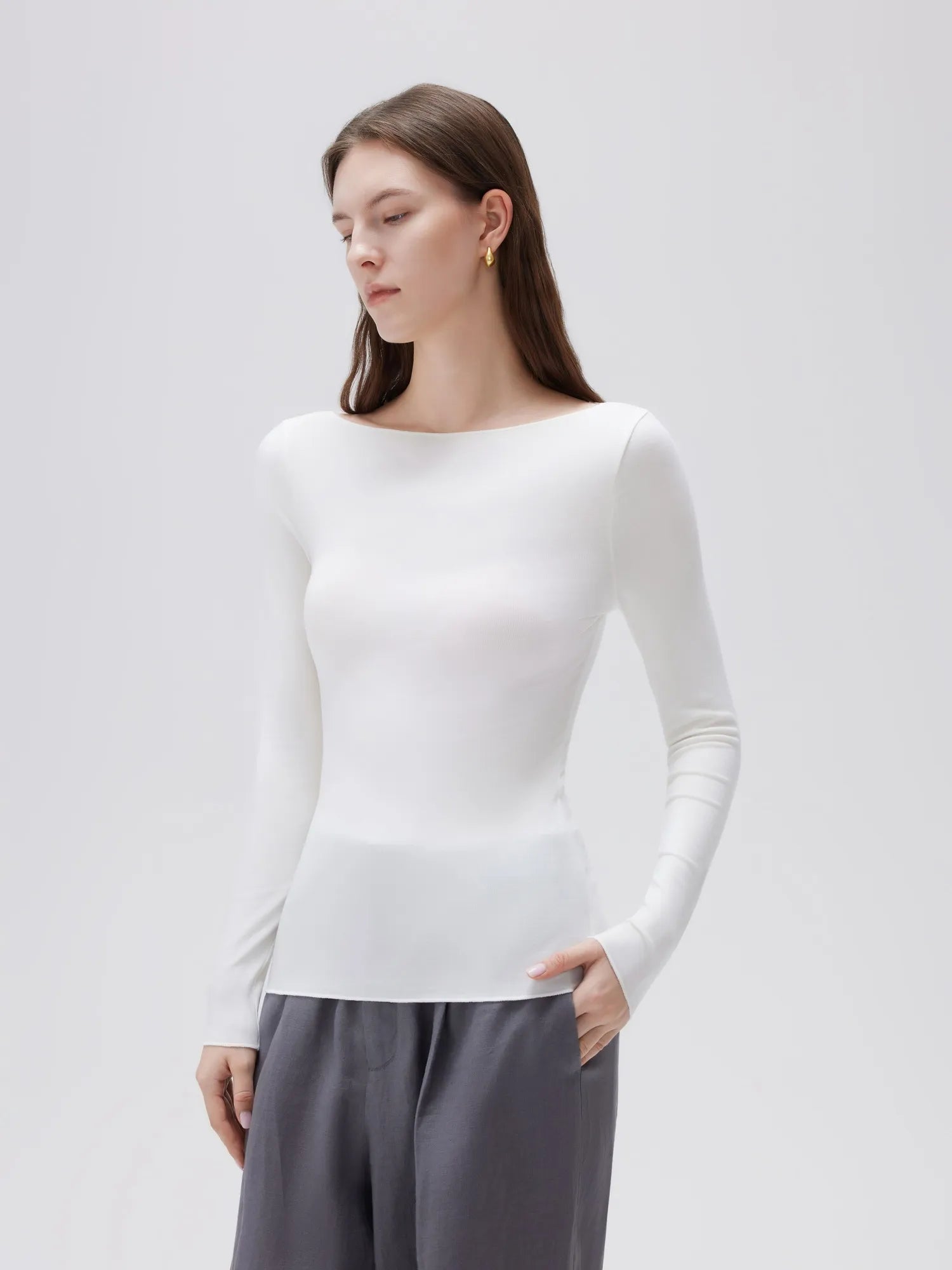 SUUKSESS Cloud Cashmere Women Boat Neck Fitted Long Sleeve Shirt Basic Knit Tops-SUUKSESS-SUUKSESS
