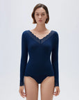 SUUKSESS Cloud Cashmere Women Basic Tops V Boat Neck Lace Long Sleeve Shirt