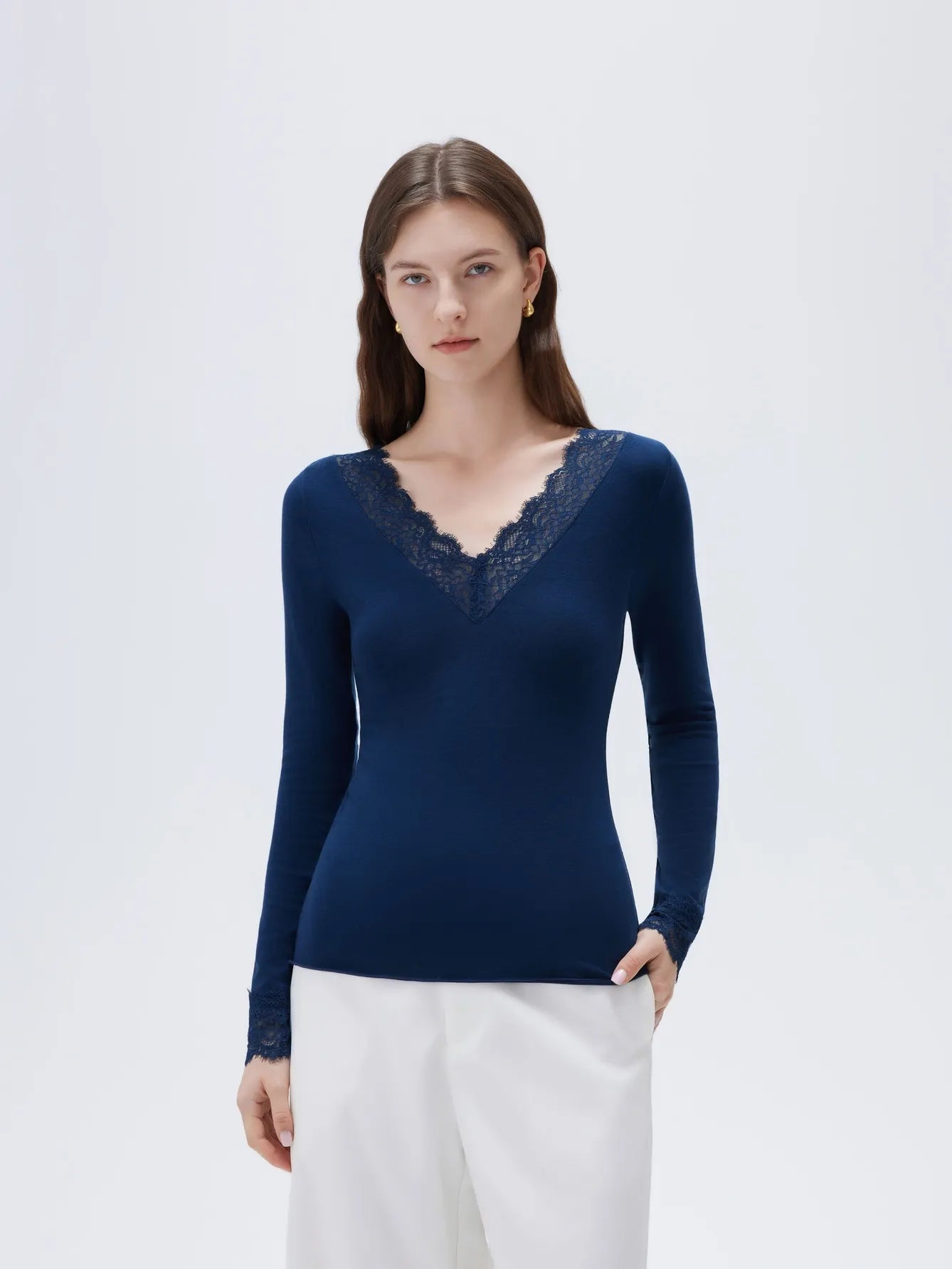 SUUKSESS Cloud Cashmere Women Basic Tops V Boat Neck Lace Long Sleeve Shirt