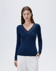 SUUKSESS Cloud Cashmere Women Basic Tops V Boat Neck Lace Long Sleeve Shirt