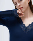 SUUKSESS Cloud Cashmere Women Basic Tops V Boat Neck Lace Long Sleeve Shirt