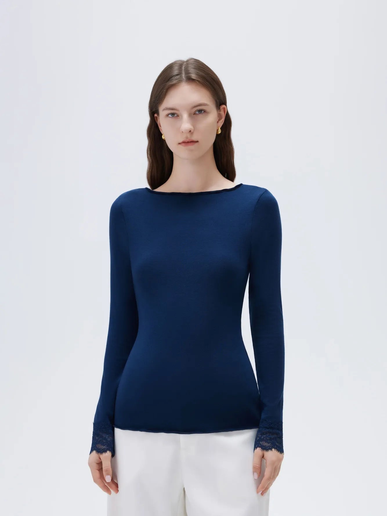 SUUKSESS Cloud Cashmere Women Basic Tops V Boat Neck Lace Long Sleeve Shirt