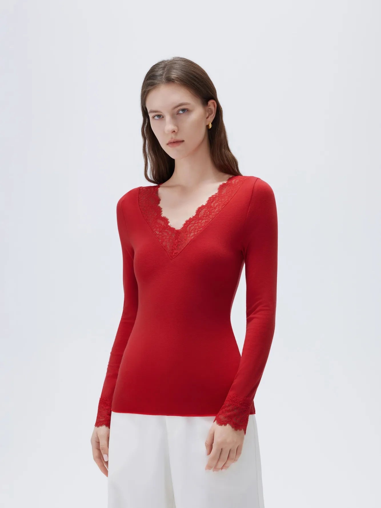 SUUKSESS Cloud Cashmere Women Basic Tops V Boat Neck Lace Long Sleeve Shirt