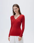 SUUKSESS Cloud Cashmere Women Basic Tops V Boat Neck Lace Long Sleeve Shirt