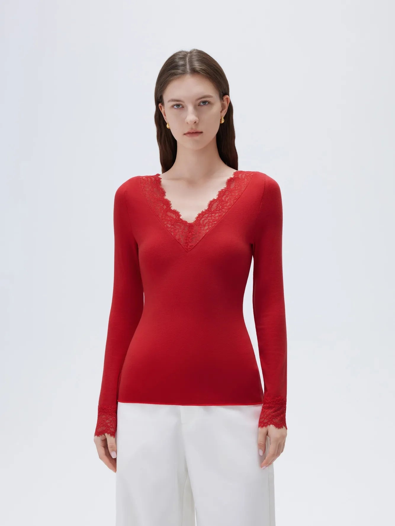 SUUKSESS Cloud Cashmere Women Basic Tops V Boat Neck Lace Long Sleeve Shirt