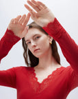 SUUKSESS Cloud Cashmere Women Basic Tops V Boat Neck Lace Long Sleeve Shirt