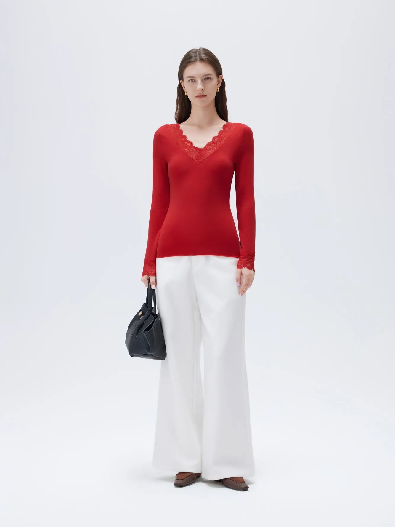 SUUKSESS Cloud Cashmere Women Basic Tops V Boat Neck Lace Long Sleeve Shirt