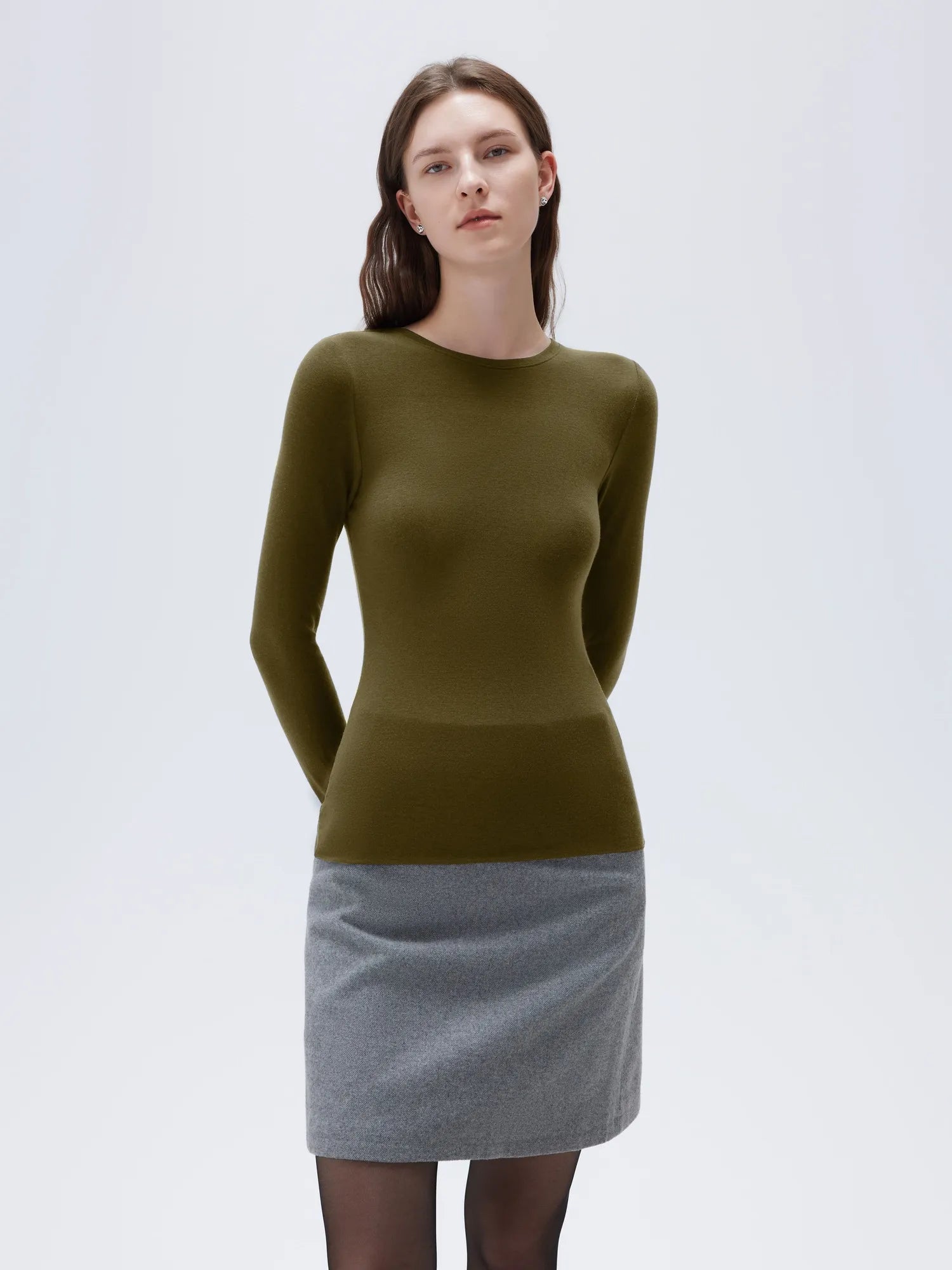 SUUKSESS Cloud Cashmere Women Crew Neck Fitted Long Sleeve Shirt Basic Knit Tops-SUUKSESS-SUUKSESS