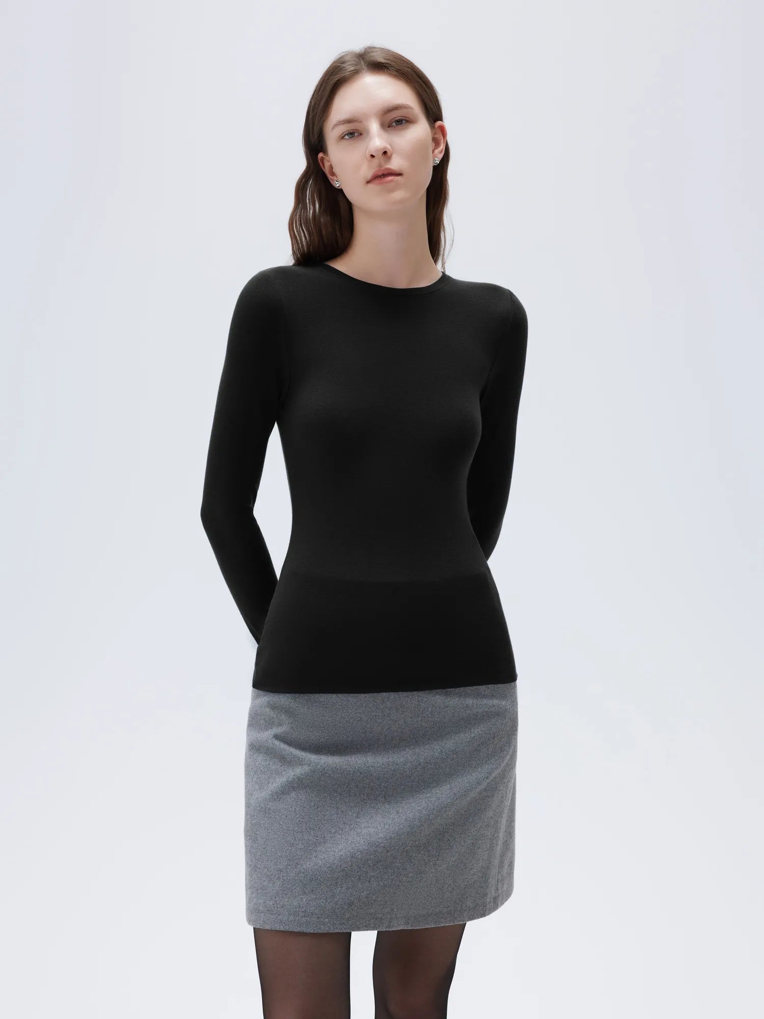SUUKSESS Cloud Cashmere Women Crew Neck Fitted Long Sleeve Shirt Basic Knit Tops-SUUKSESS-SUUKSESS