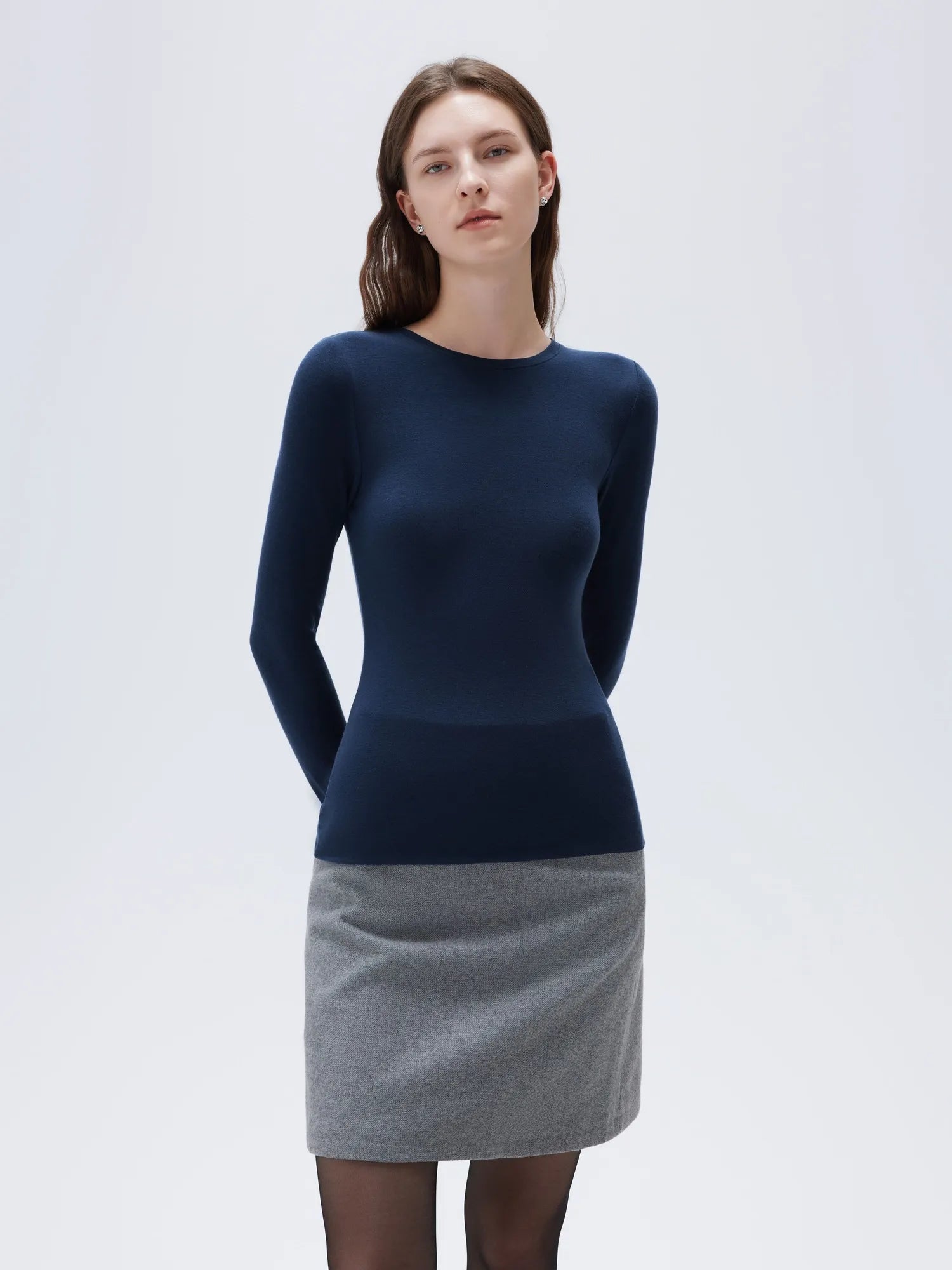 SUUKSESS Cloud Cashmere Women Crew Neck Fitted Long Sleeve Shirt Basic Knit Tops-SUUKSESS-SUUKSESS