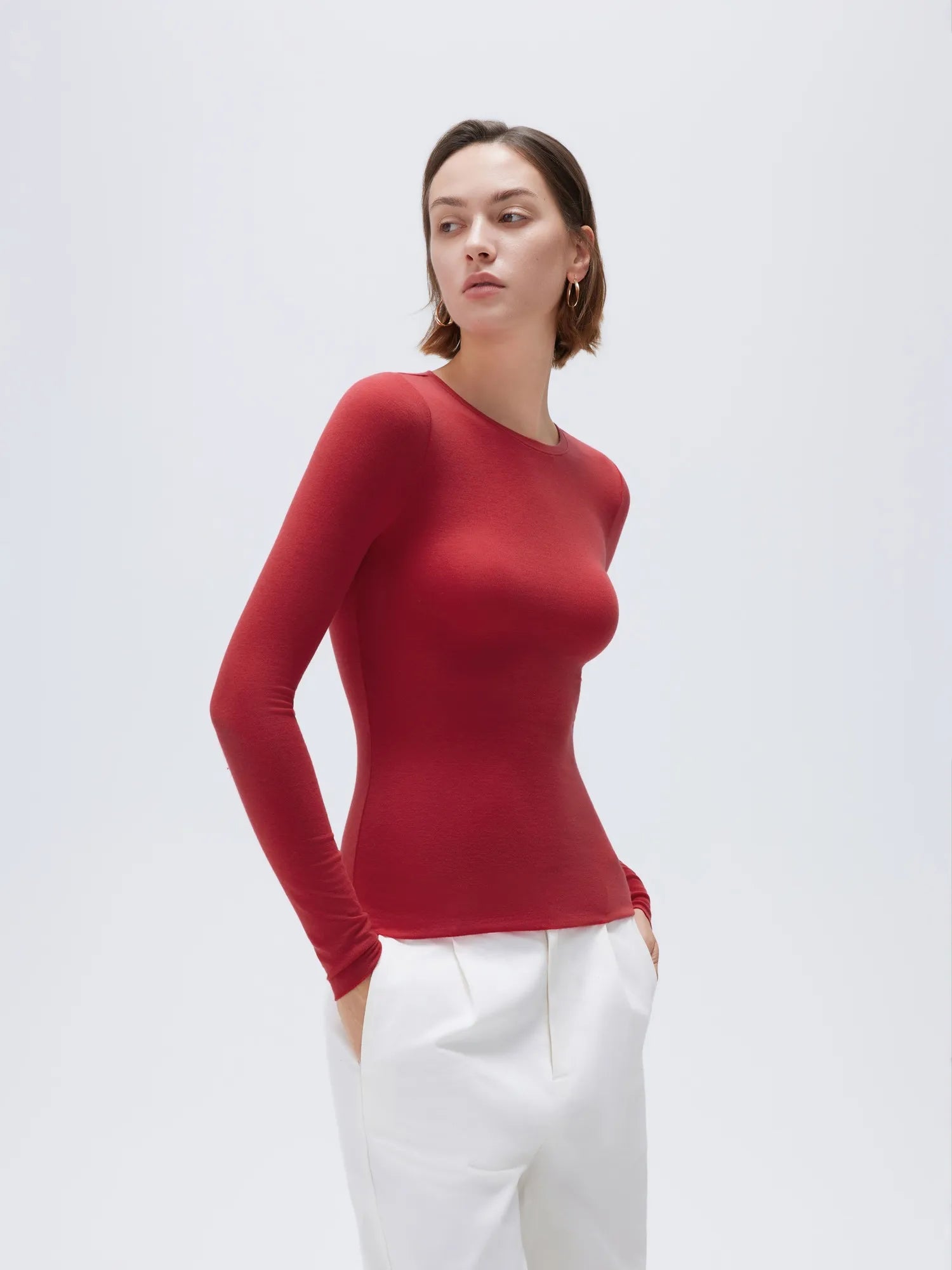 SUUKSESS Cloud Cashmere Women Crew Neck Fitted Long Sleeve Shirt Basic Knit Tops-SUUKSESS-SUUKSESS