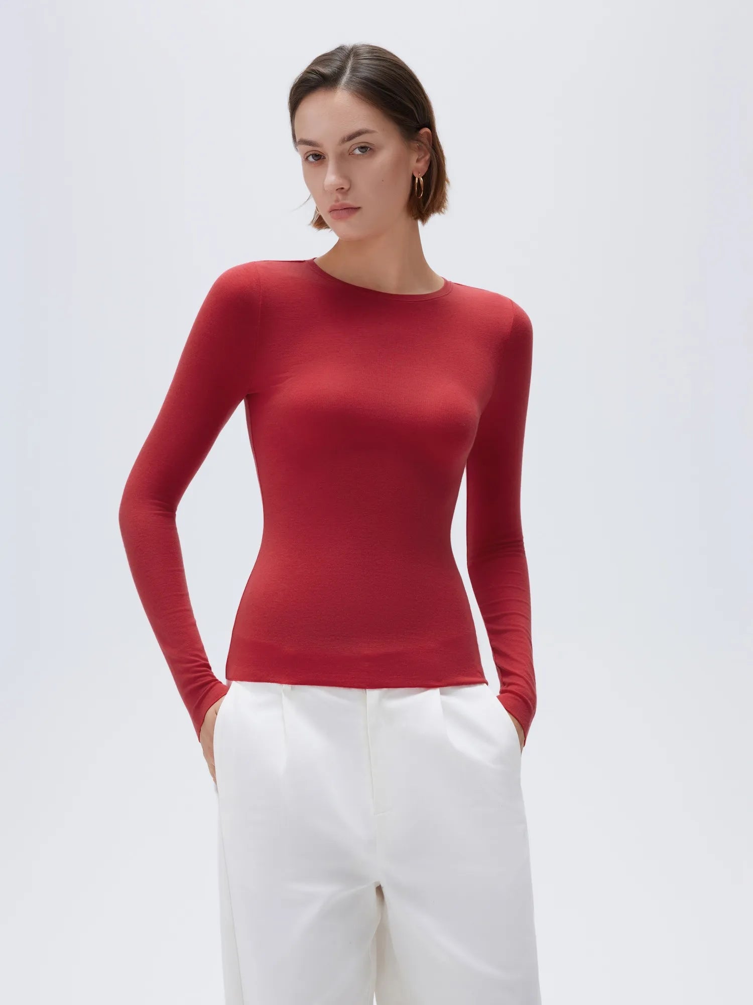 SUUKSESS Cloud Cashmere Women Crew Neck Fitted Long Sleeve Shirt Basic Knit Tops-SUUKSESS-SUUKSESS