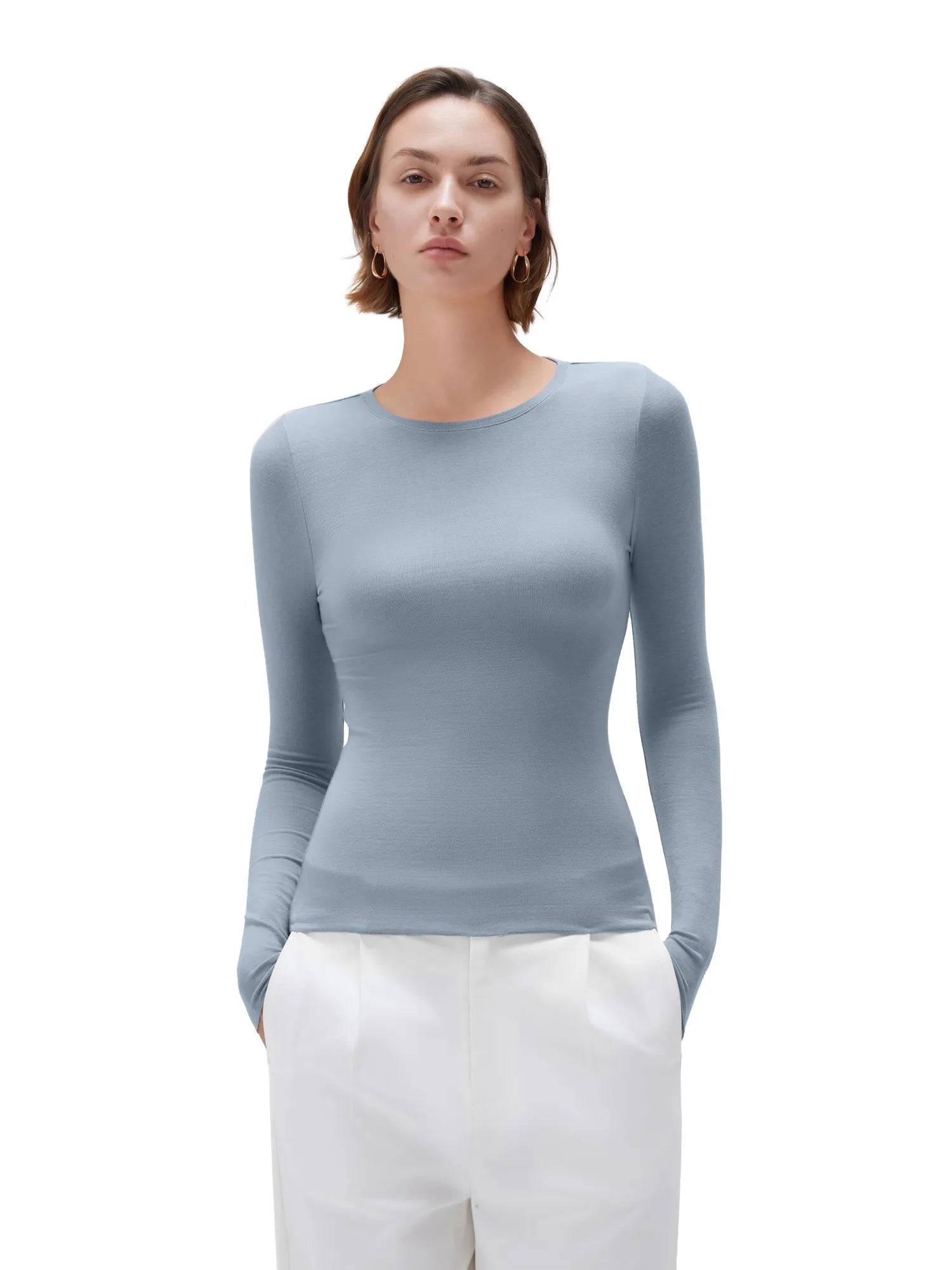 SUUKSESS Cloud Cashmere Women Crew Neck Fitted Long Sleeve Shirt Basic Knit Tops-SUUKSESS-Slate Gray-XS-SUUKSESS