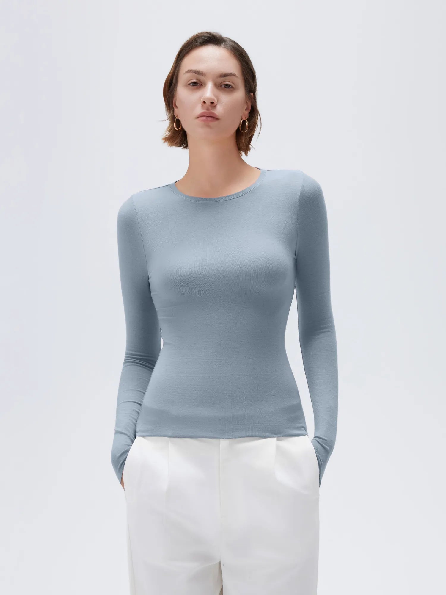 SUUKSESS Cloud Cashmere Women Crew Neck Fitted Long Sleeve Shirt Basic Knit Tops-SUUKSESS-SUUKSESS