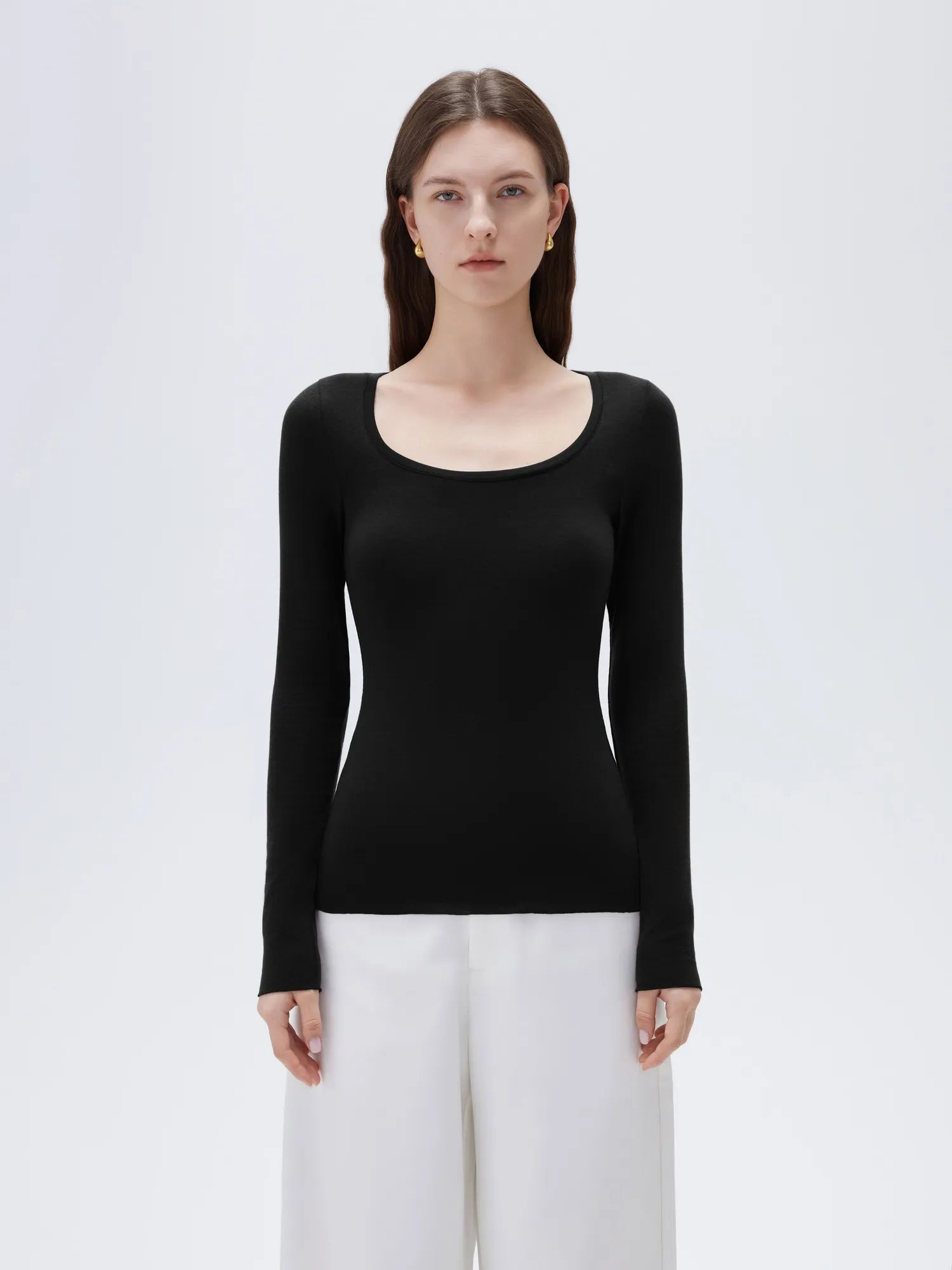 SUUKSESS Cloud Cashmere Women Scoop Neck Fitted Long Sleeve Shirt Basic Knit Tops-SUUKSESS-SUUKSESS