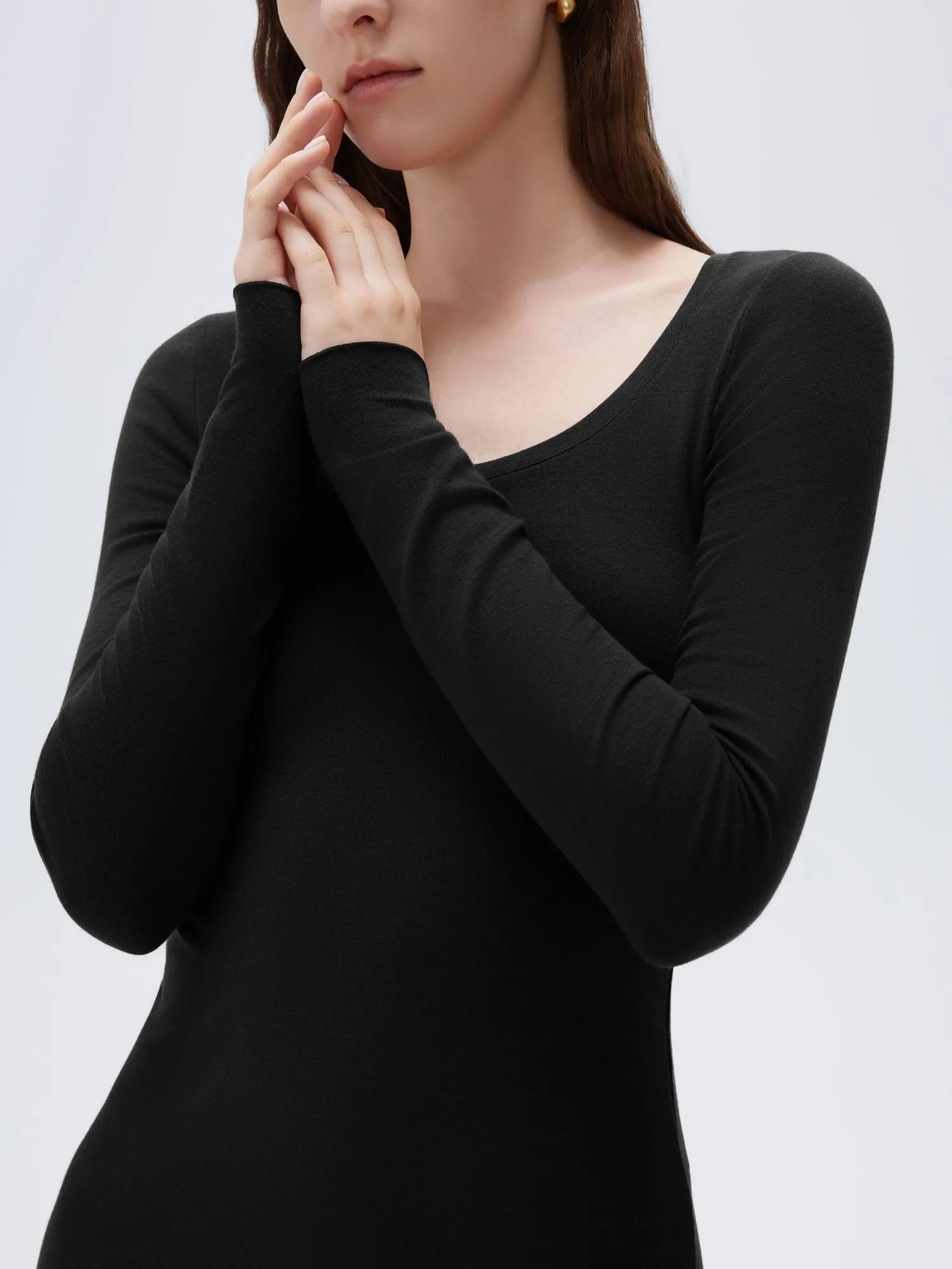 SUUKSESS Cloud Cashmere Women Scoop Neck Fitted Long Sleeve Shirt Basic Knit Tops-SUUKSESS-SUUKSESS