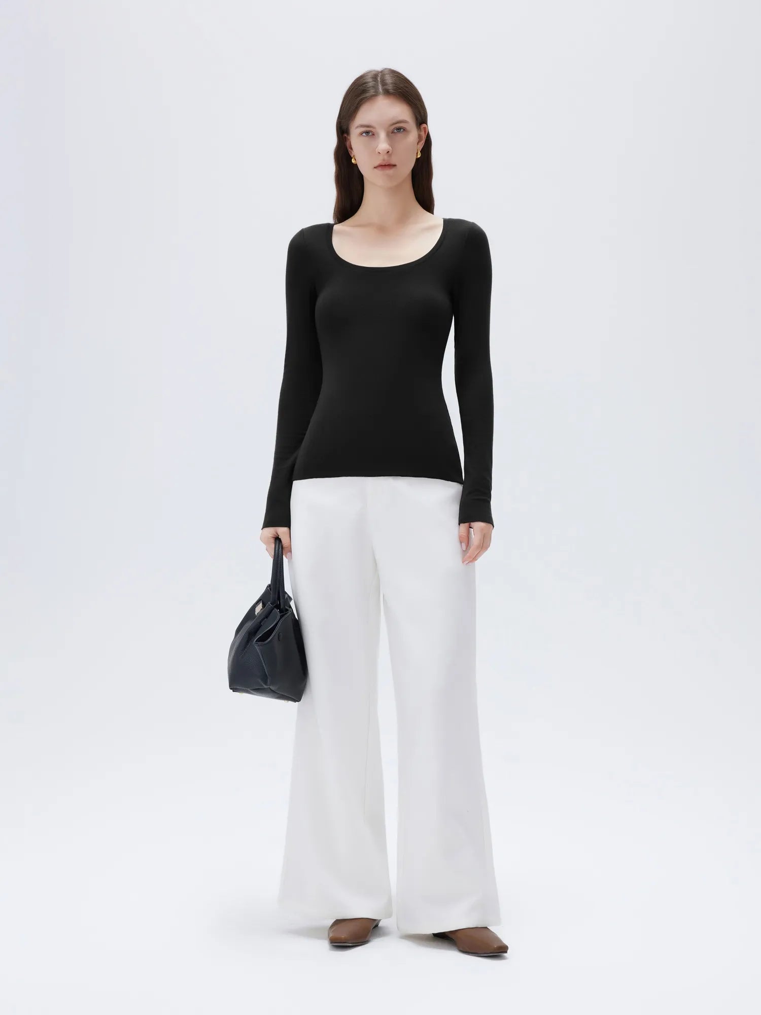 SUUKSESS Cloud Cashmere Women Scoop Neck Fitted Long Sleeve Shirt Basic Knit Tops-SUUKSESS-SUUKSESS