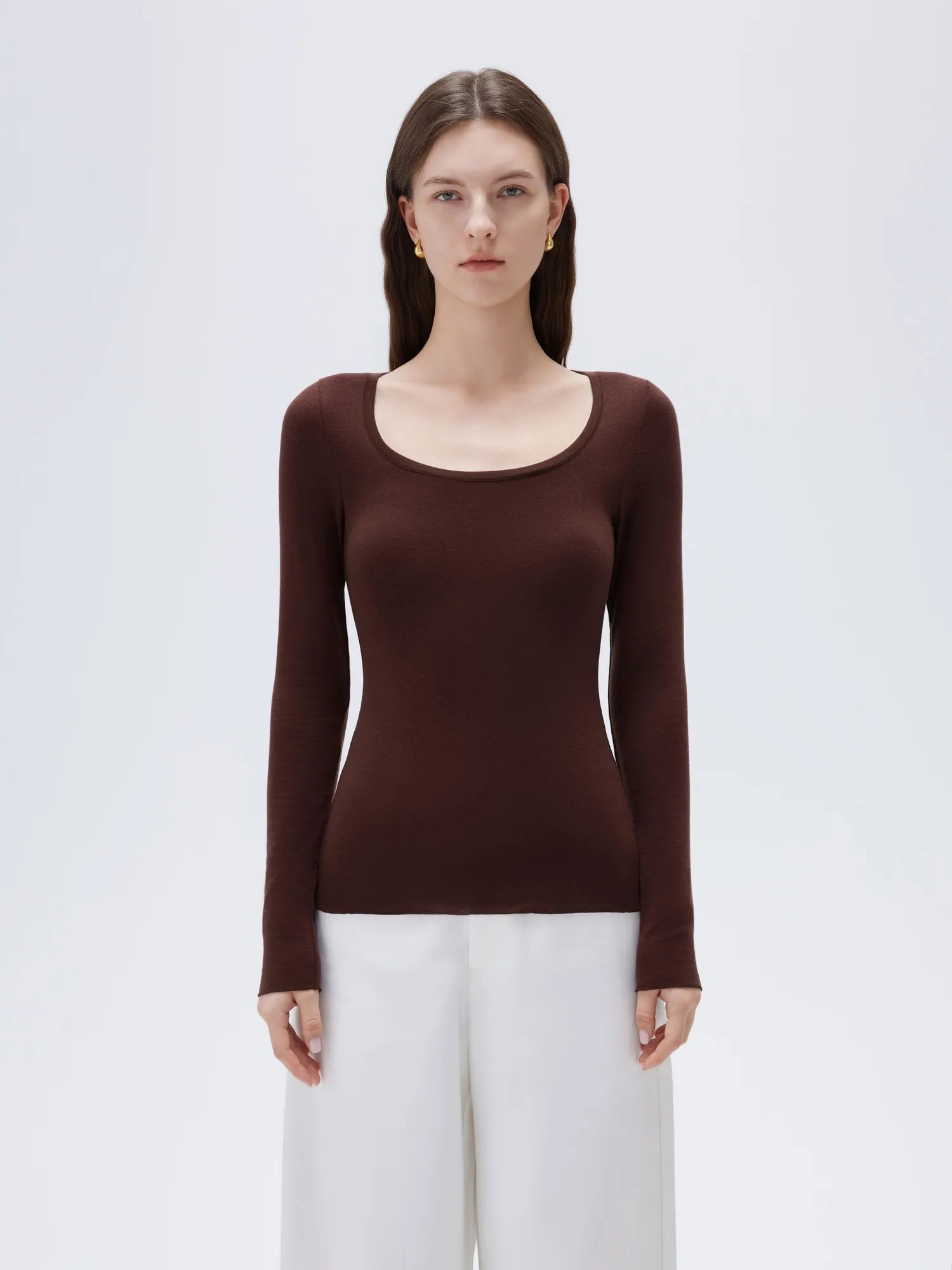SUUKSESS Cloud Cashmere Women Scoop Neck Fitted Long Sleeve Shirt Basic Knit Tops-SUUKSESS-SUUKSESS