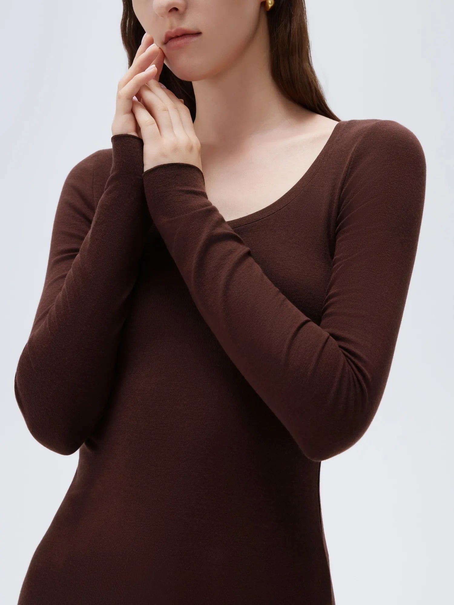 SUUKSESS Cloud Cashmere Women Scoop Neck Fitted Long Sleeve Shirt Basic Knit Tops-SUUKSESS-SUUKSESS