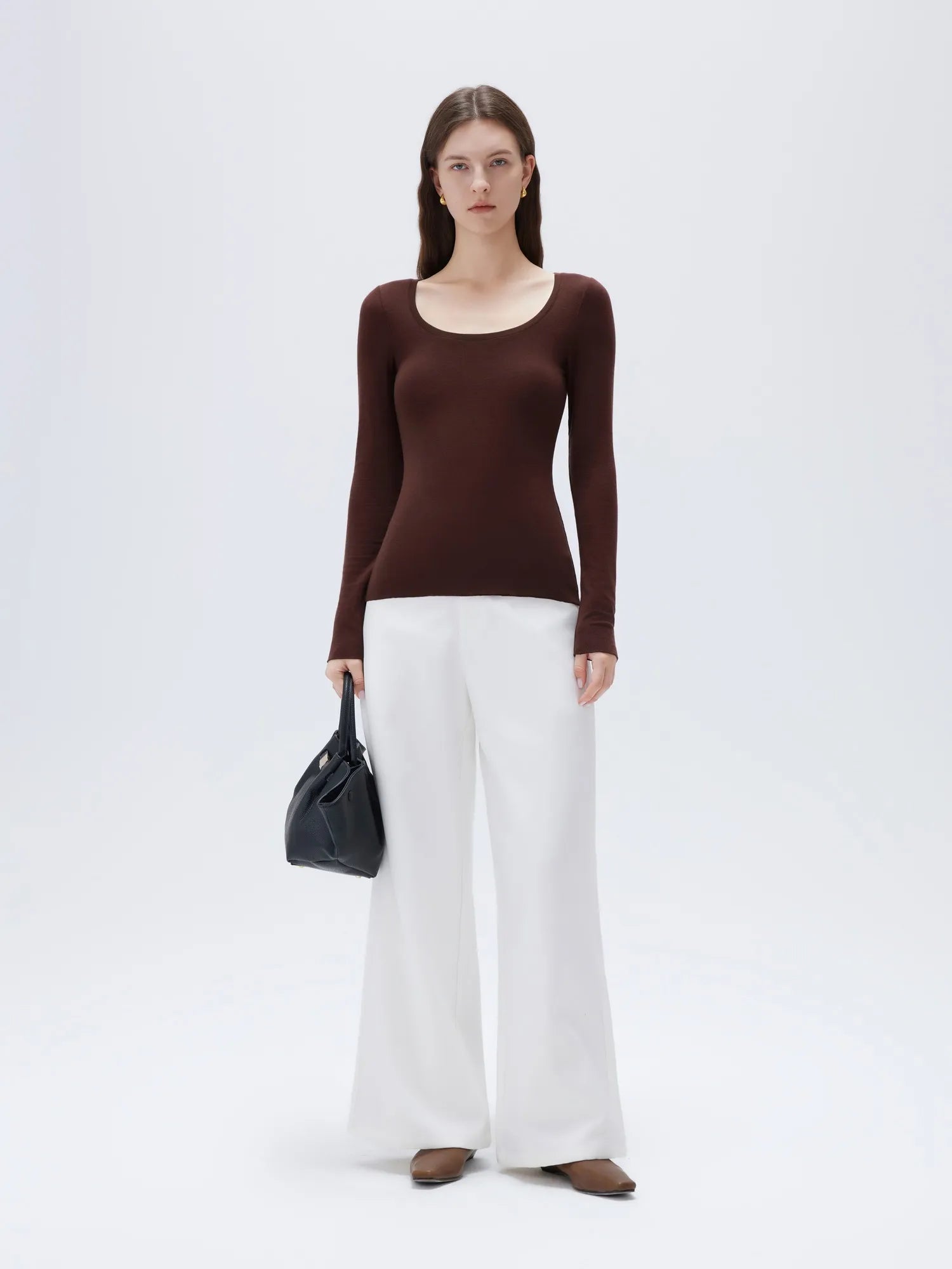 SUUKSESS Cloud Cashmere Women Scoop Neck Fitted Long Sleeve Shirt Basic Knit Tops-SUUKSESS-SUUKSESS