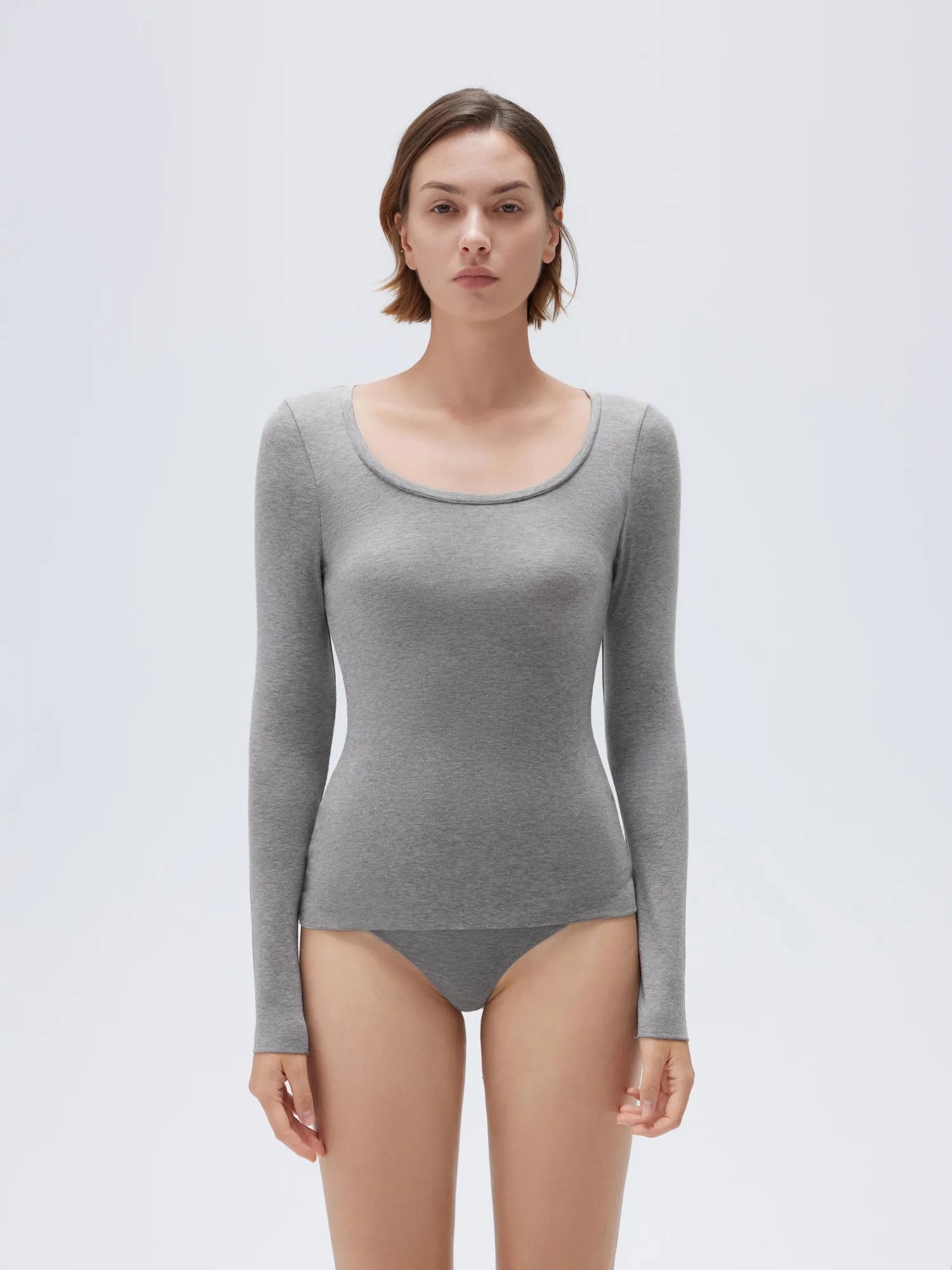 SUUKSESS Cloud Cashmere Women Scoop Neck Fitted Long Sleeve Shirt Basic Knit Tops-SUUKSESS-Grey-XS-SUUKSESS