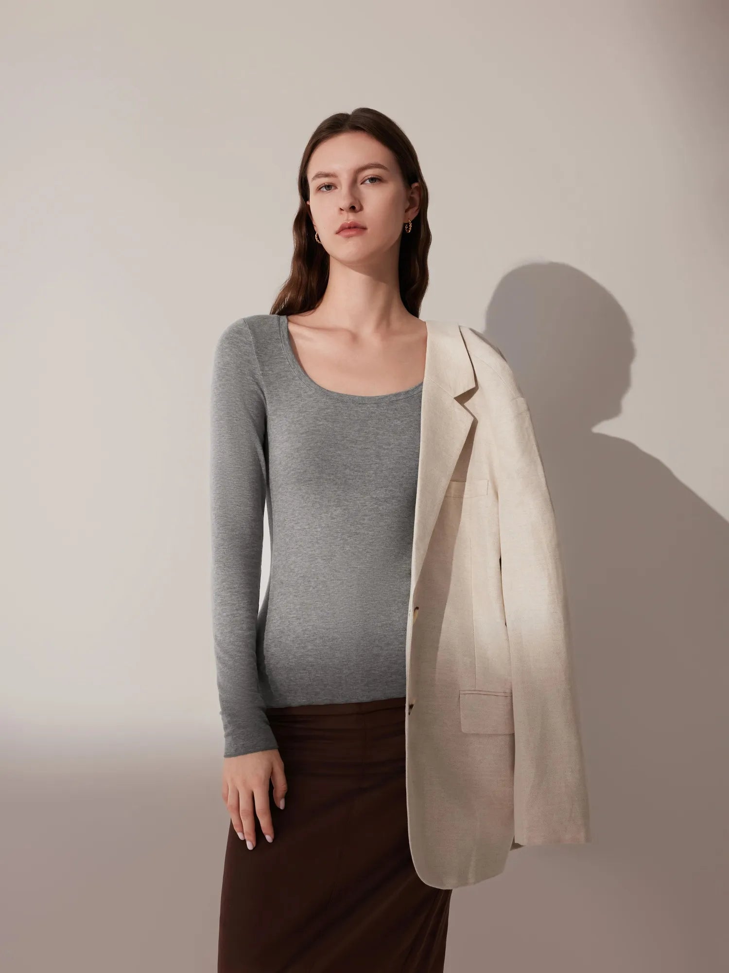 SUUKSESS Cloud Cashmere Women Scoop Neck Fitted Long Sleeve Shirt Basic Knit Tops-SUUKSESS-SUUKSESS