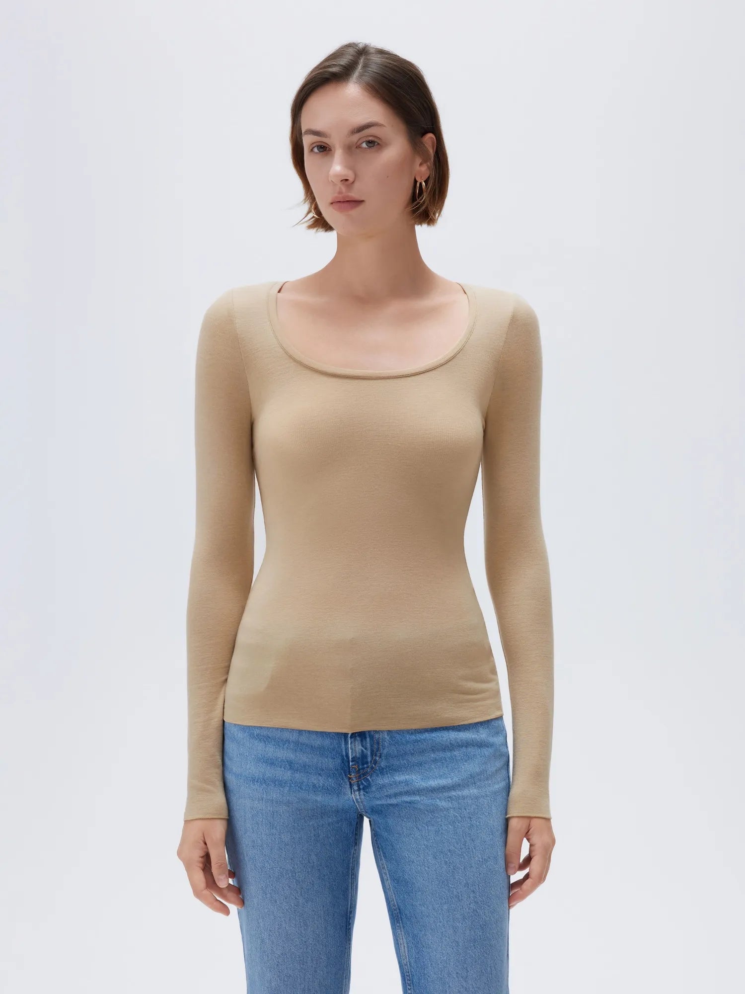 SUUKSESS Cloud Cashmere Women Scoop Neck Fitted Long Sleeve Shirt Basic Knit Tops-SUUKSESS-SUUKSESS