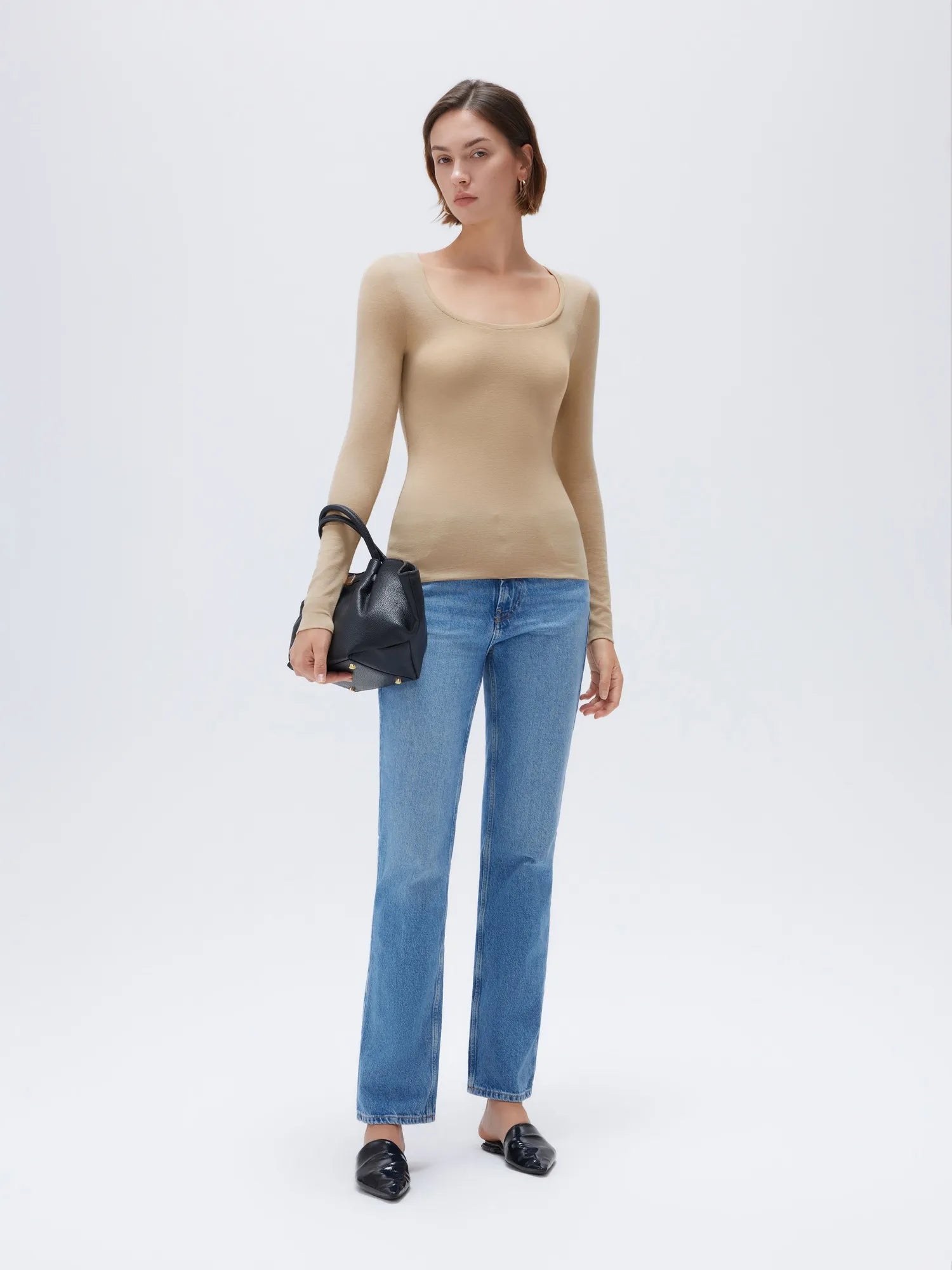 SUUKSESS Cloud Cashmere Women Scoop Neck Fitted Long Sleeve Shirt Basic Knit Tops-SUUKSESS-SUUKSESS