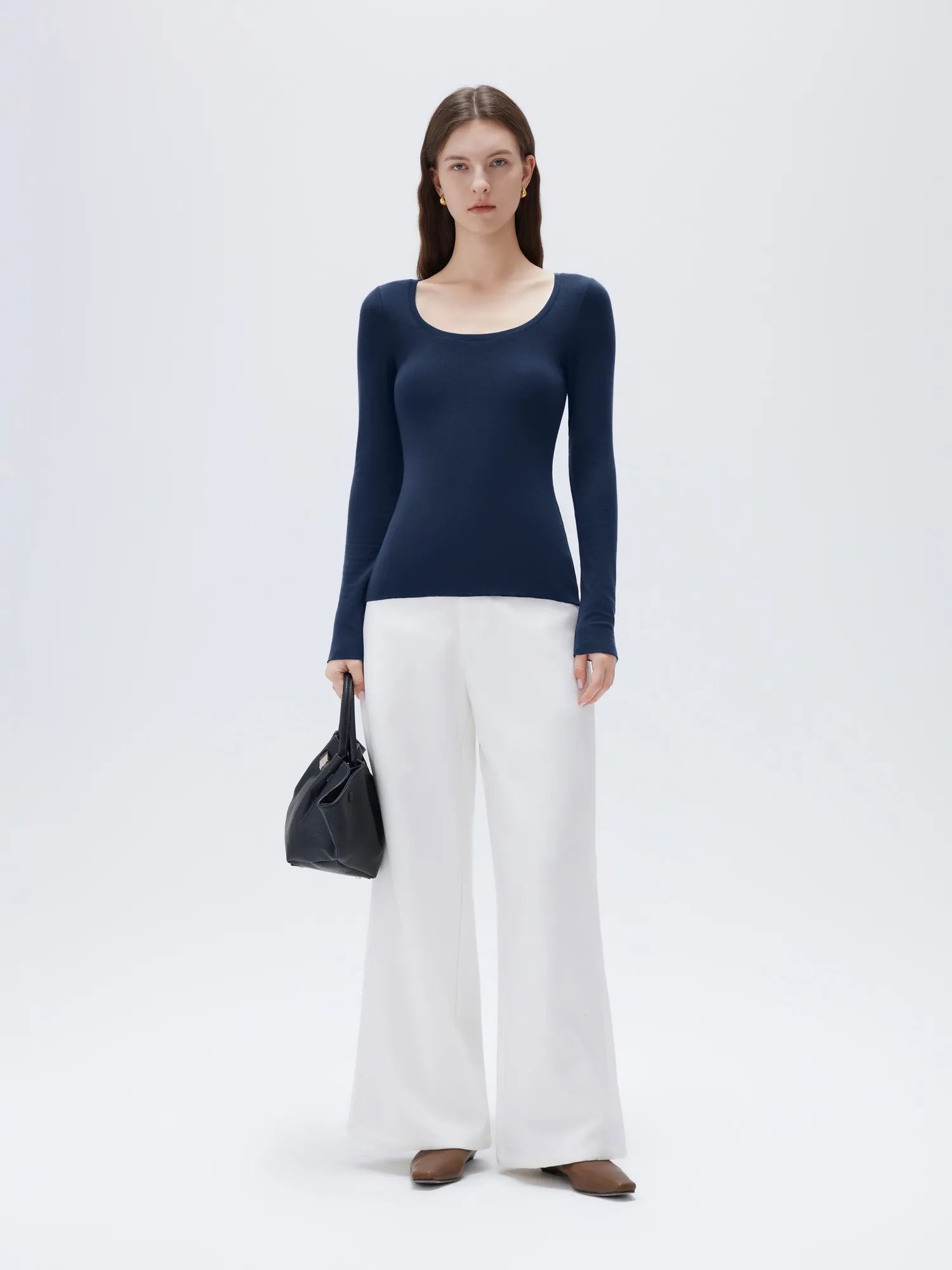 SUUKSESS Cloud Cashmere Women Scoop Neck Fitted Long Sleeve Shirt Basic Knit Tops-SUUKSESS-SUUKSESS