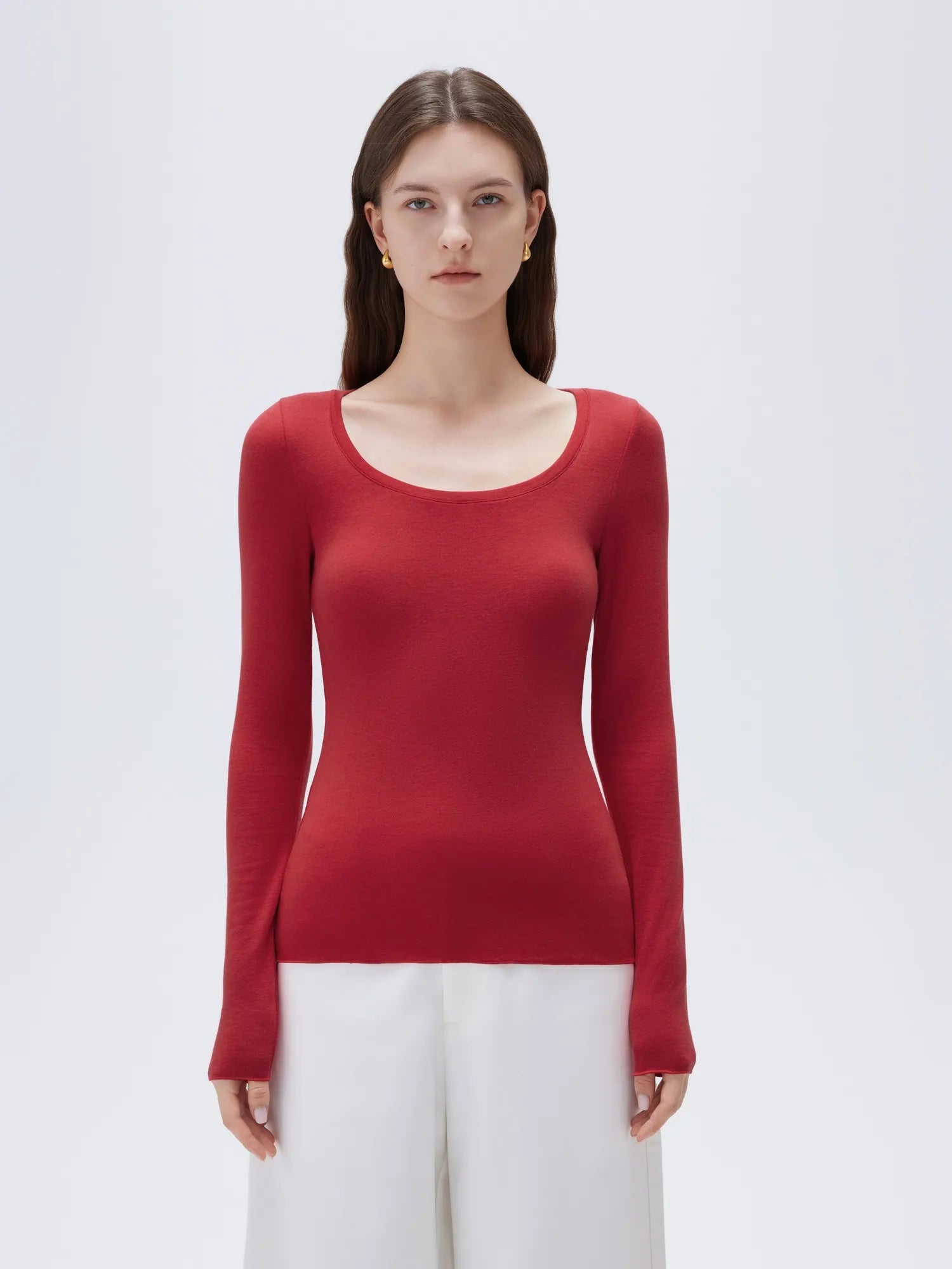 SUUKSESS Cloud Cashmere Women Scoop Neck Fitted Long Sleeve Shirt Basic Knit Tops-SUUKSESS-SUUKSESS