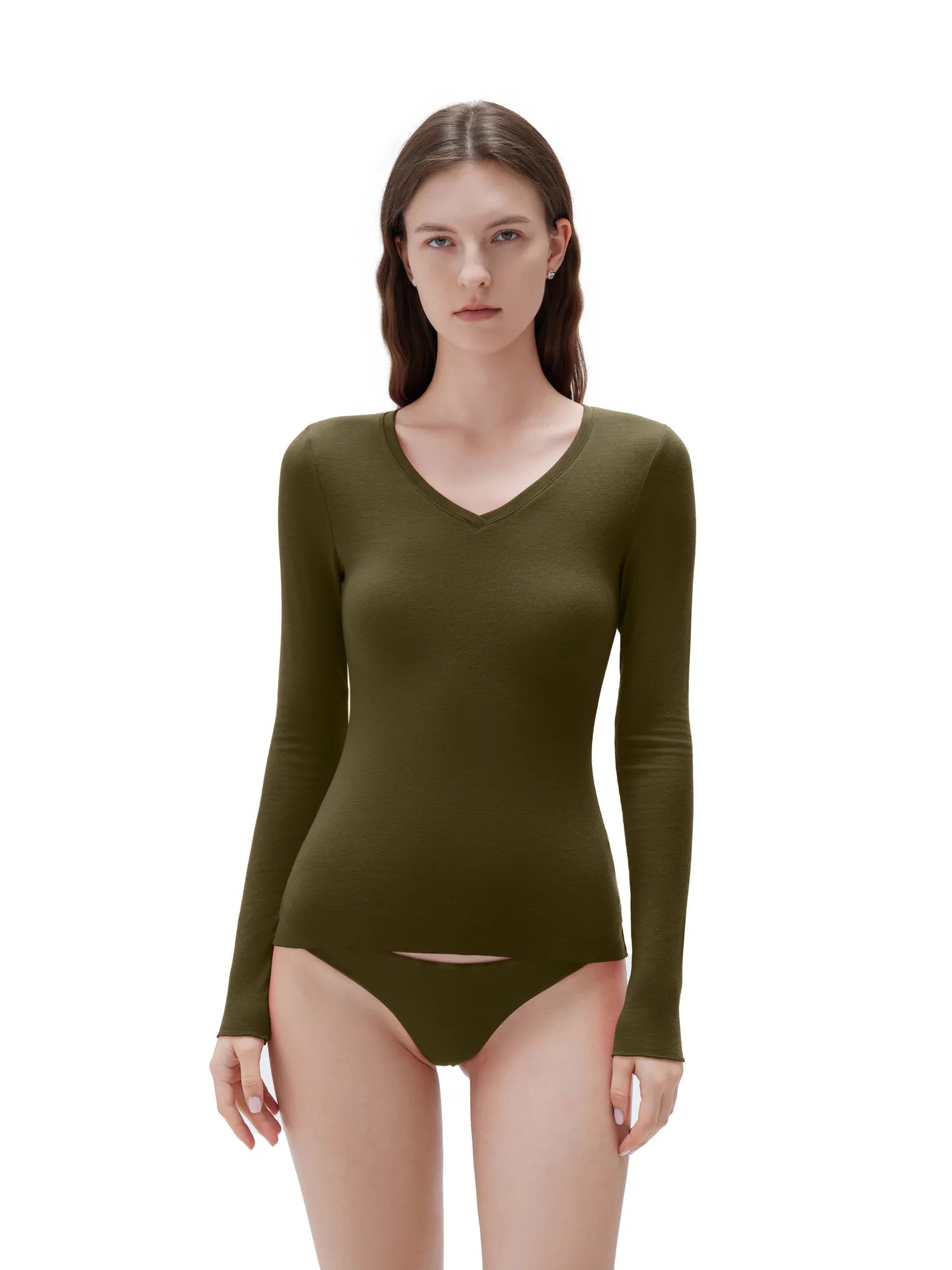 SUUKSESS Cloud Cashmere Women V Neck Fitted Long Sleeve Shirt Basic Soft Knit Tops-SUUKSESS-Olive-XS-SUUKSESS