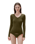 SUUKSESS Cloud Cashmere Women V Neck Fitted Long Sleeve Shirt Basic Soft Knit Tops-SUUKSESS-Olive-XS-SUUKSESS