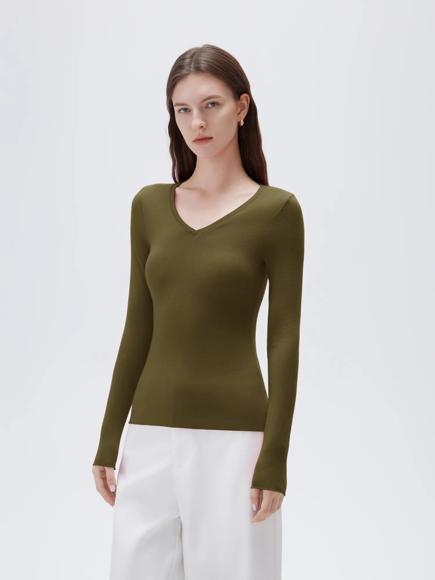 SUUKSESS Cloud Cashmere Women V Neck Fitted Long Sleeve Shirt Basic Soft Knit Tops-SUUKSESS-SUUKSESS